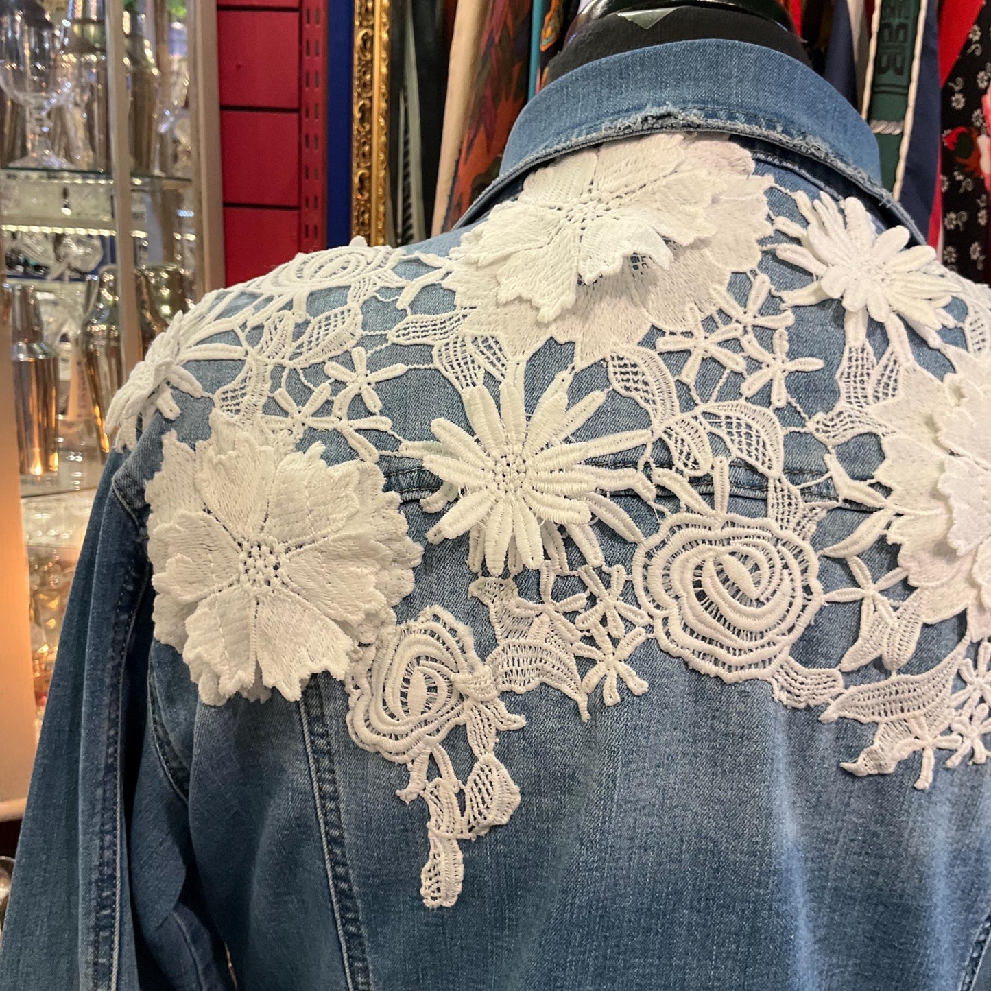 Unique Up Cycled Pre Loved Denim Jacket with Hand Embellished Vintage Guipre Lace , Size UK 12/14