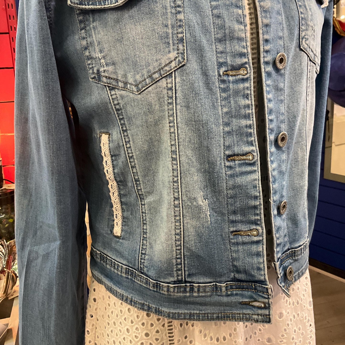 Unique Up Cycled Pre Loved Denim Jacket with Hand Embellished Vintage Guipre Lace , Size UK 12/14