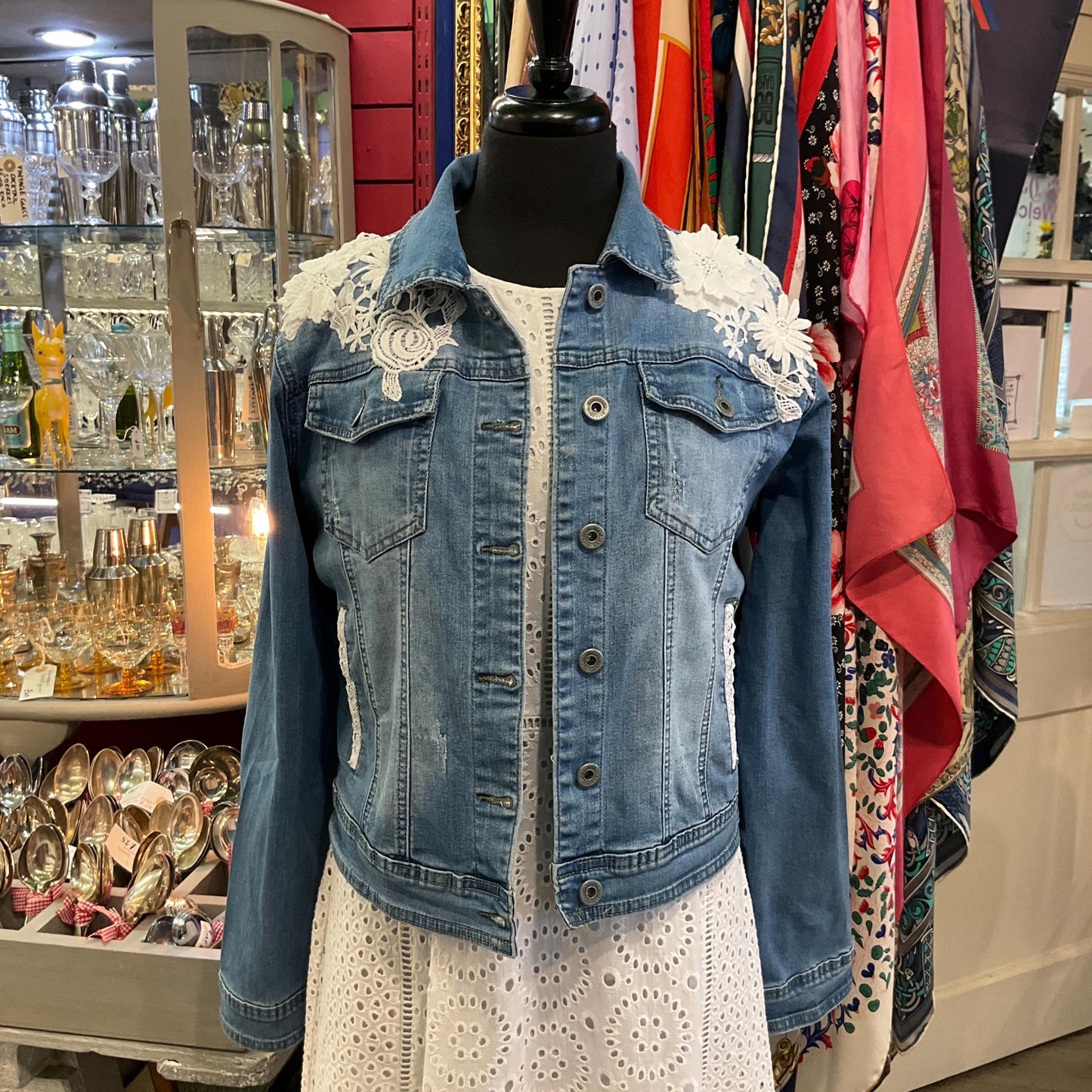 Unique Up Cycled Pre Loved Denim Jacket with Hand Embellished Vintage Guipre Lace , Size UK 12/14