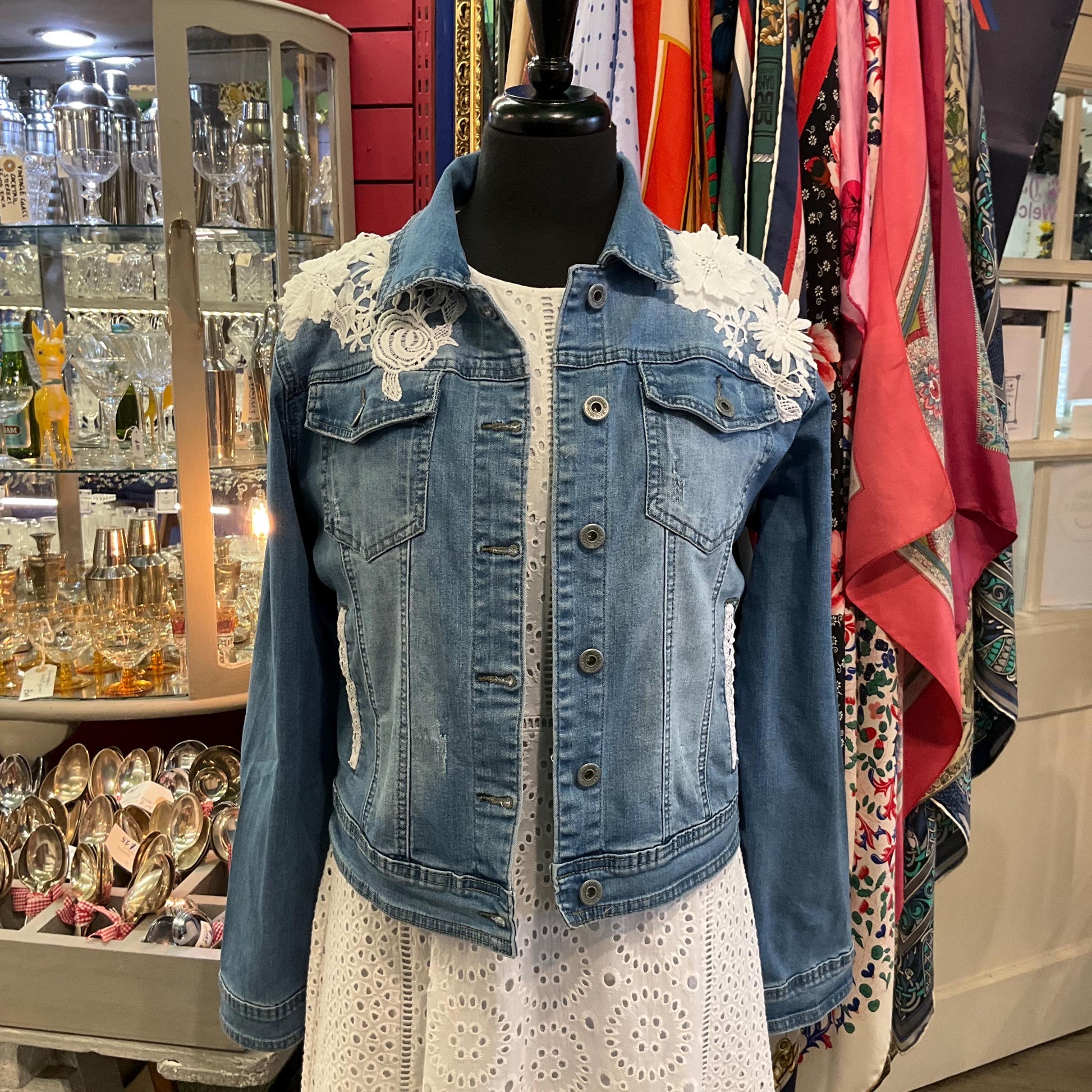 Unique Up Cycled Pre Loved Denim Jacket with Hand Embellished Vintage Guipre Lace , Size UK 12/14