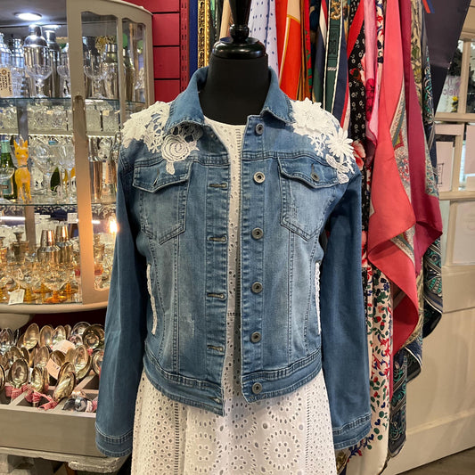 Unique Up Cycled Pre Loved Denim Jacket with Hand Embellished Vintage Guipre Lace , Size UK 12/14