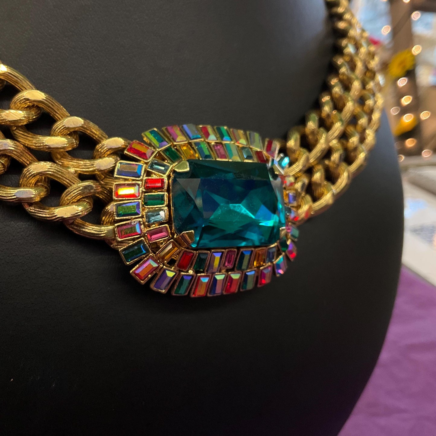 Vintage Butler and Wilson Egyptian Revival Style Statement Rainbow Crystal Necklace, Gold Tone link Chain with large Deep Turquoise Crystal
