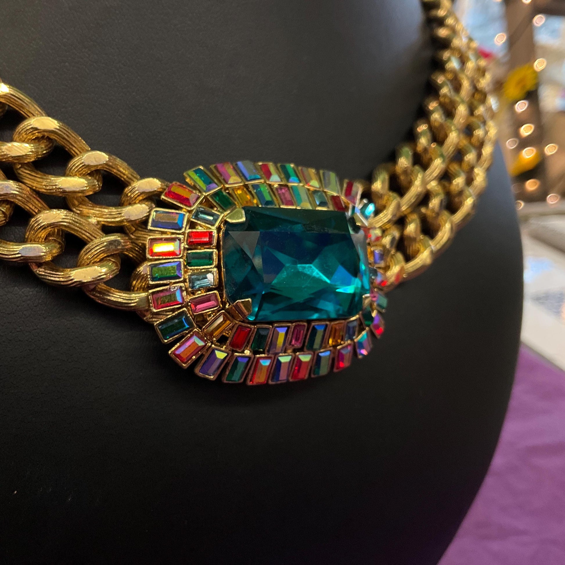 Vintage Butler and Wilson Egyptian Revival Style Statement Rainbow Crystal Necklace, Gold Tone link Chain with large Deep Turquoise Crystal