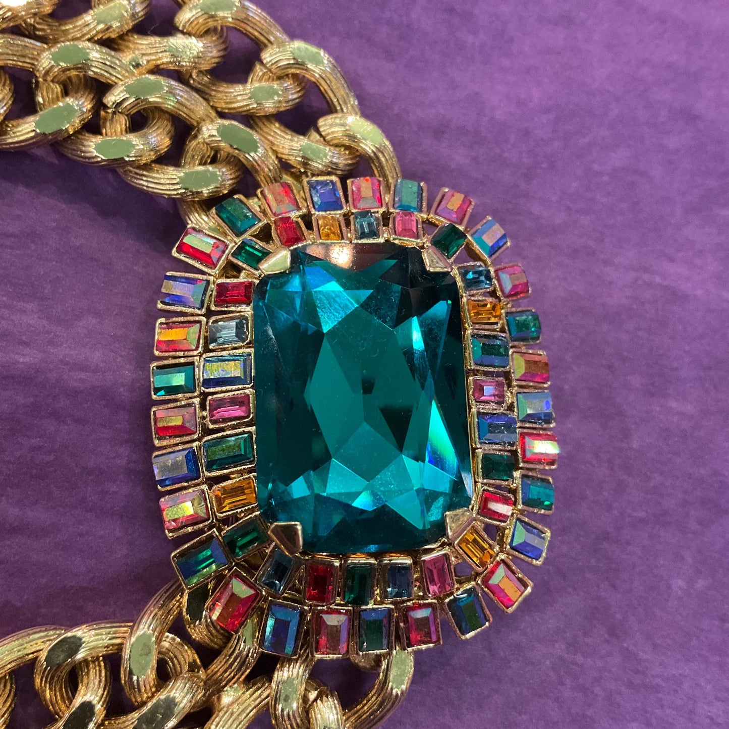 Vintage Butler and Wilson Egyptian Revival Style Statement Rainbow Crystal Necklace, Gold Tone link Chain with large Deep Turquoise Crystal