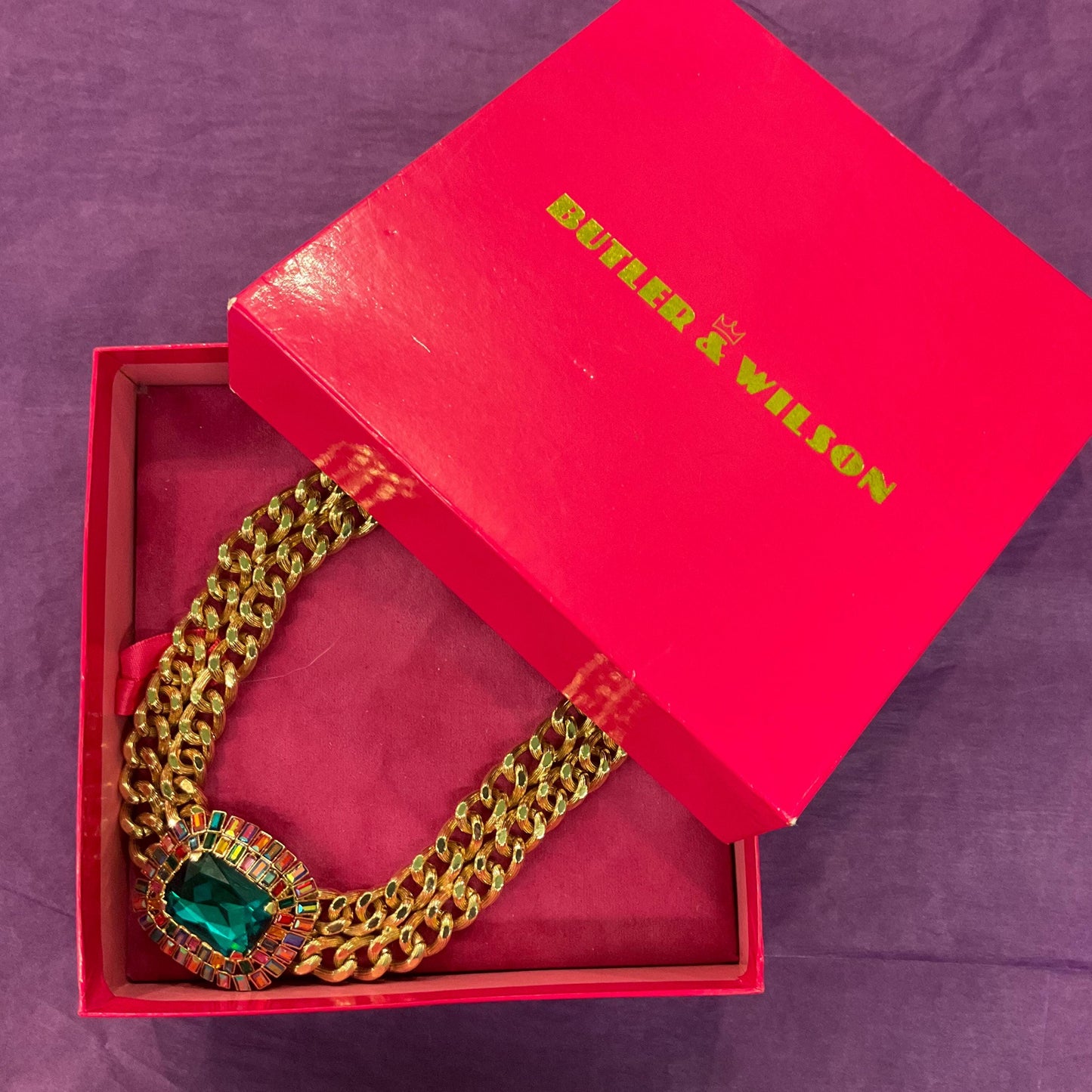 Vintage Butler and Wilson Egyptian Revival Style Statement Rainbow Crystal Necklace, Gold Tone link Chain with large Deep Turquoise Crystal