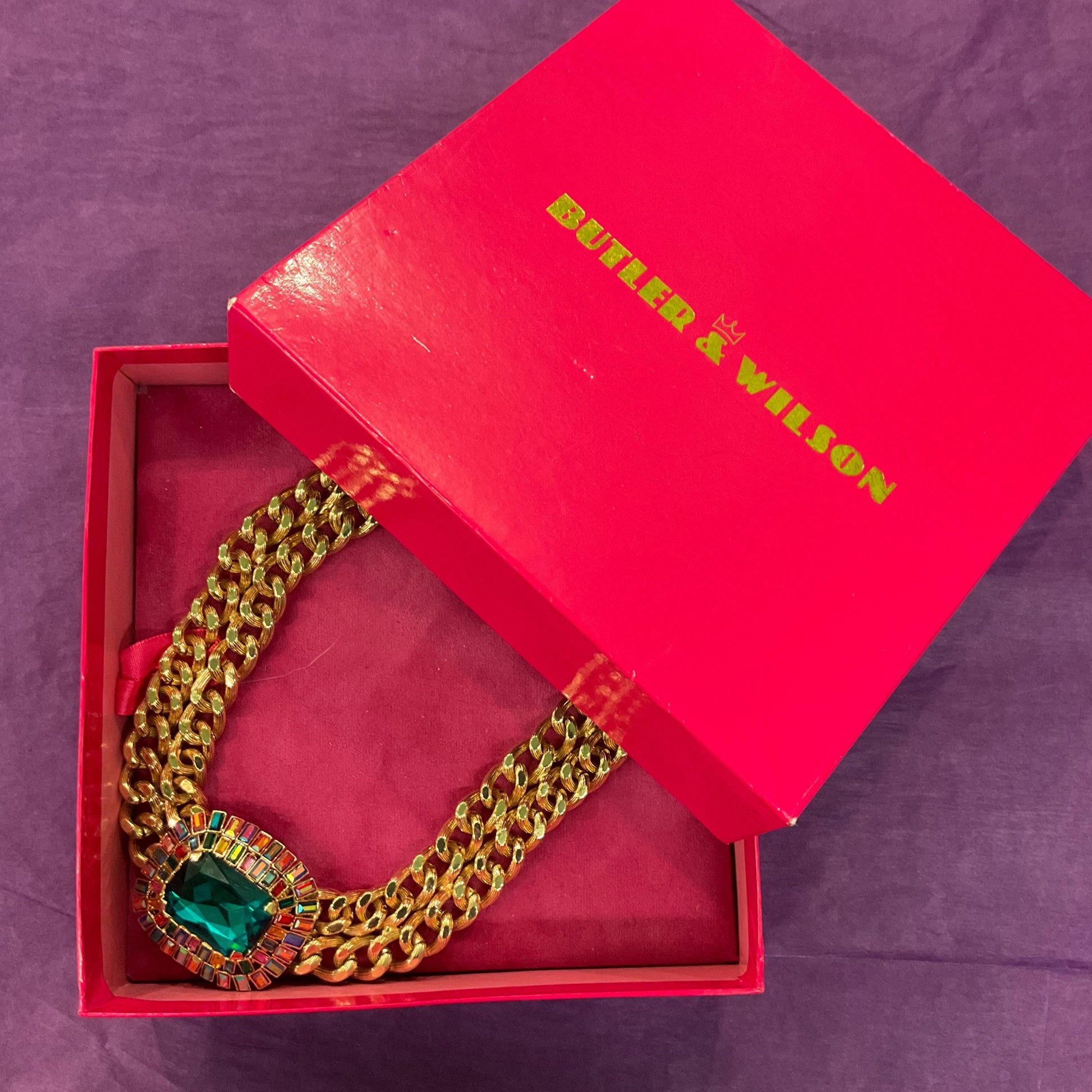 Vintage Butler and Wilson Egyptian Revival Style Statement Rainbow Crystal Necklace, Gold Tone link Chain with large Deep Turquoise Crystal