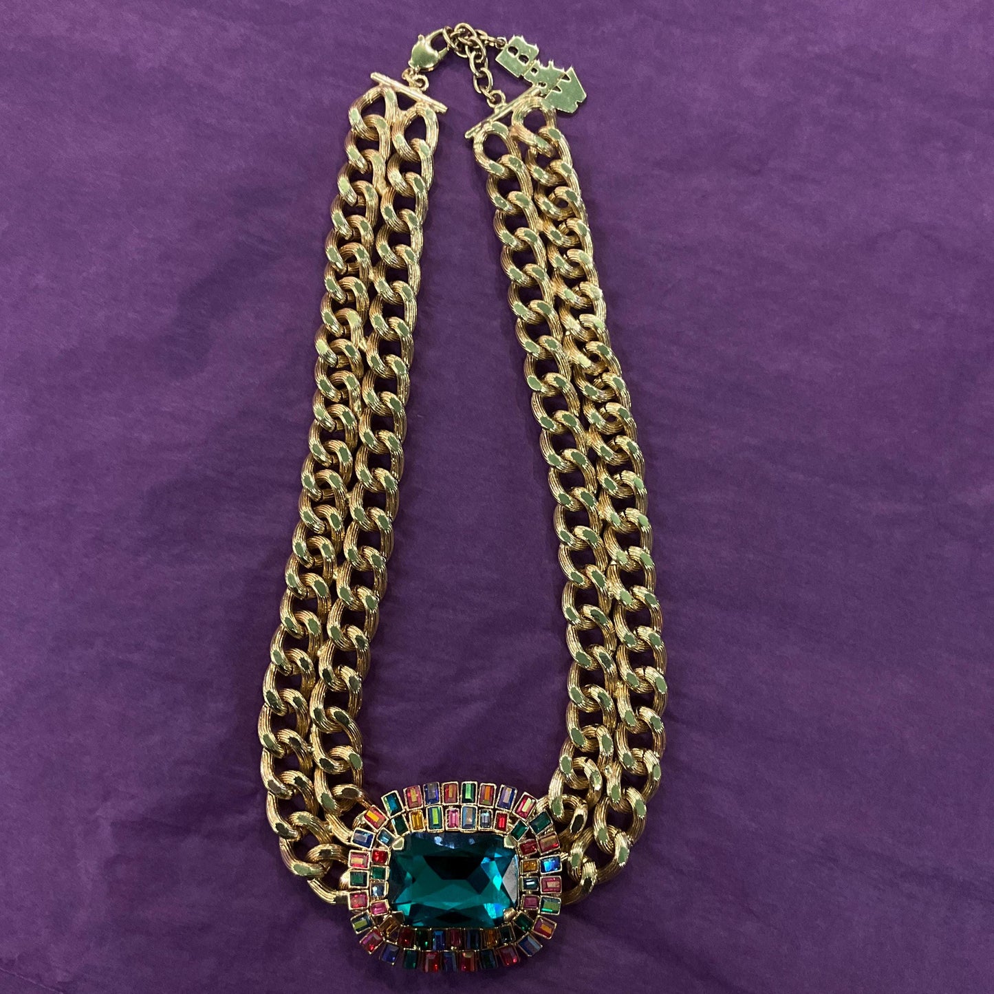 Vintage Butler and Wilson Egyptian Revival Style Statement Rainbow Crystal Necklace, Gold Tone link Chain with large Deep Turquoise Crystal
