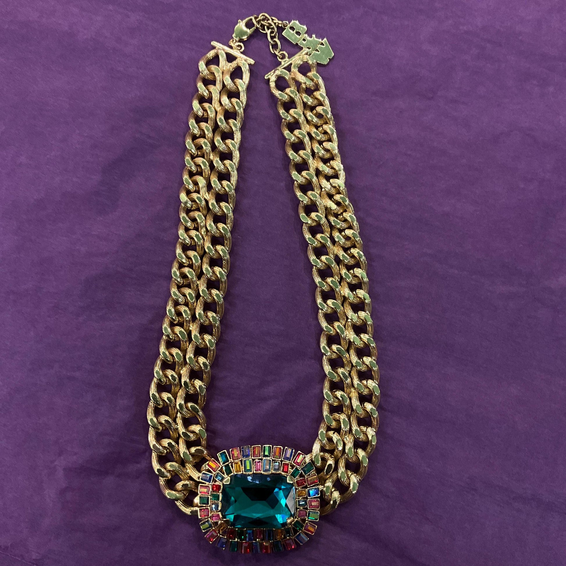 Vintage Butler and Wilson Egyptian Revival Style Statement Rainbow Crystal Necklace, Gold Tone link Chain with large Deep Turquoise Crystal