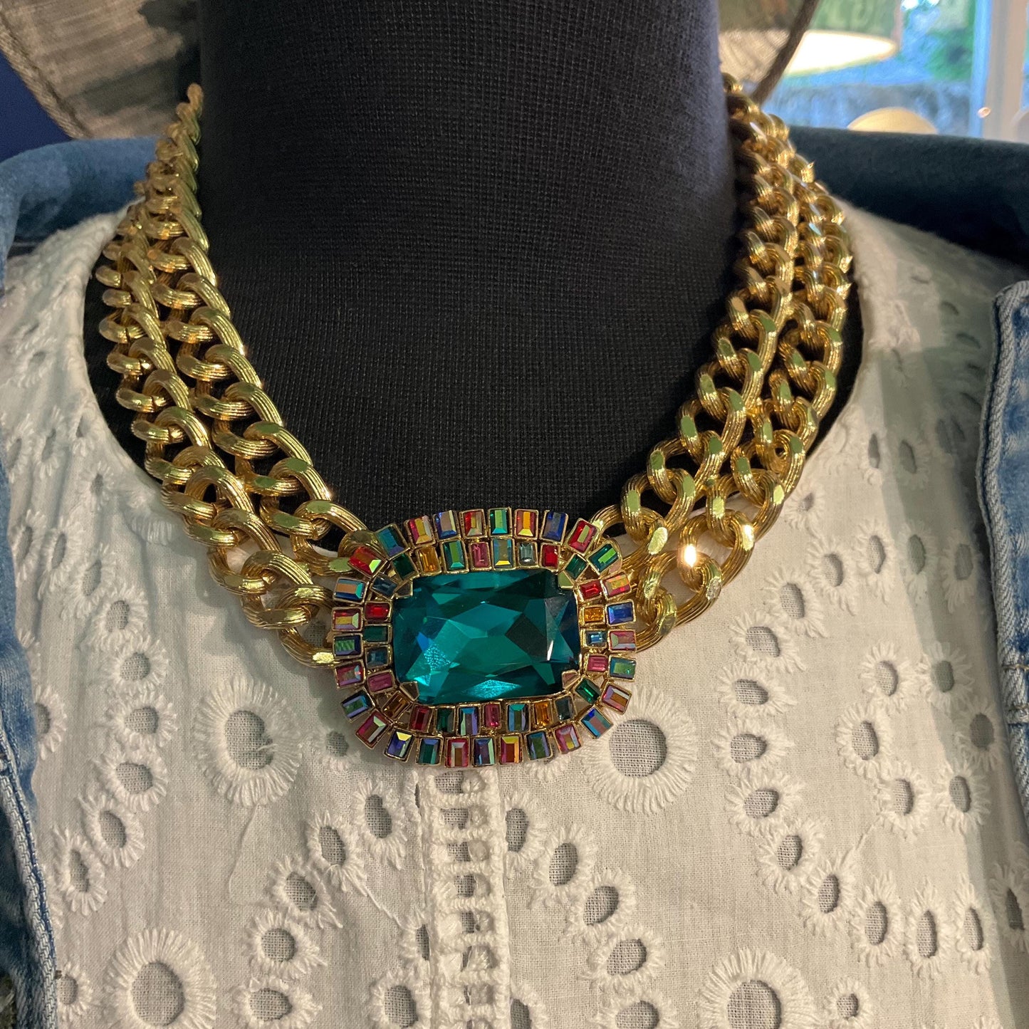 Vintage Butler and Wilson Egyptian Revival Style Statement Rainbow Crystal Necklace, Gold Tone link Chain with large Deep Turquoise Crystal