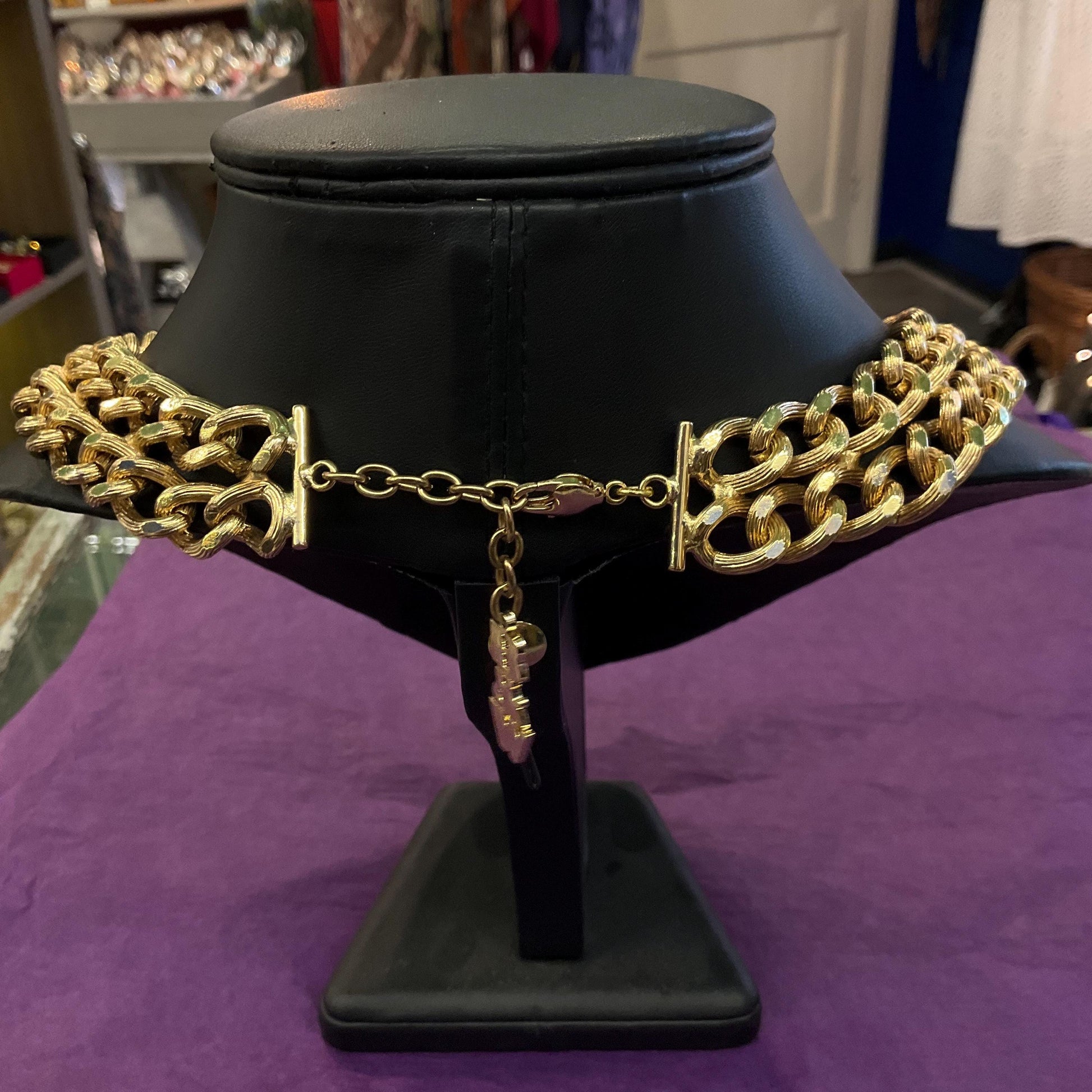 Vintage Butler and Wilson Egyptian Revival Style Statement Rainbow Crystal Necklace, Gold Tone link Chain with large Deep Turquoise Crystal