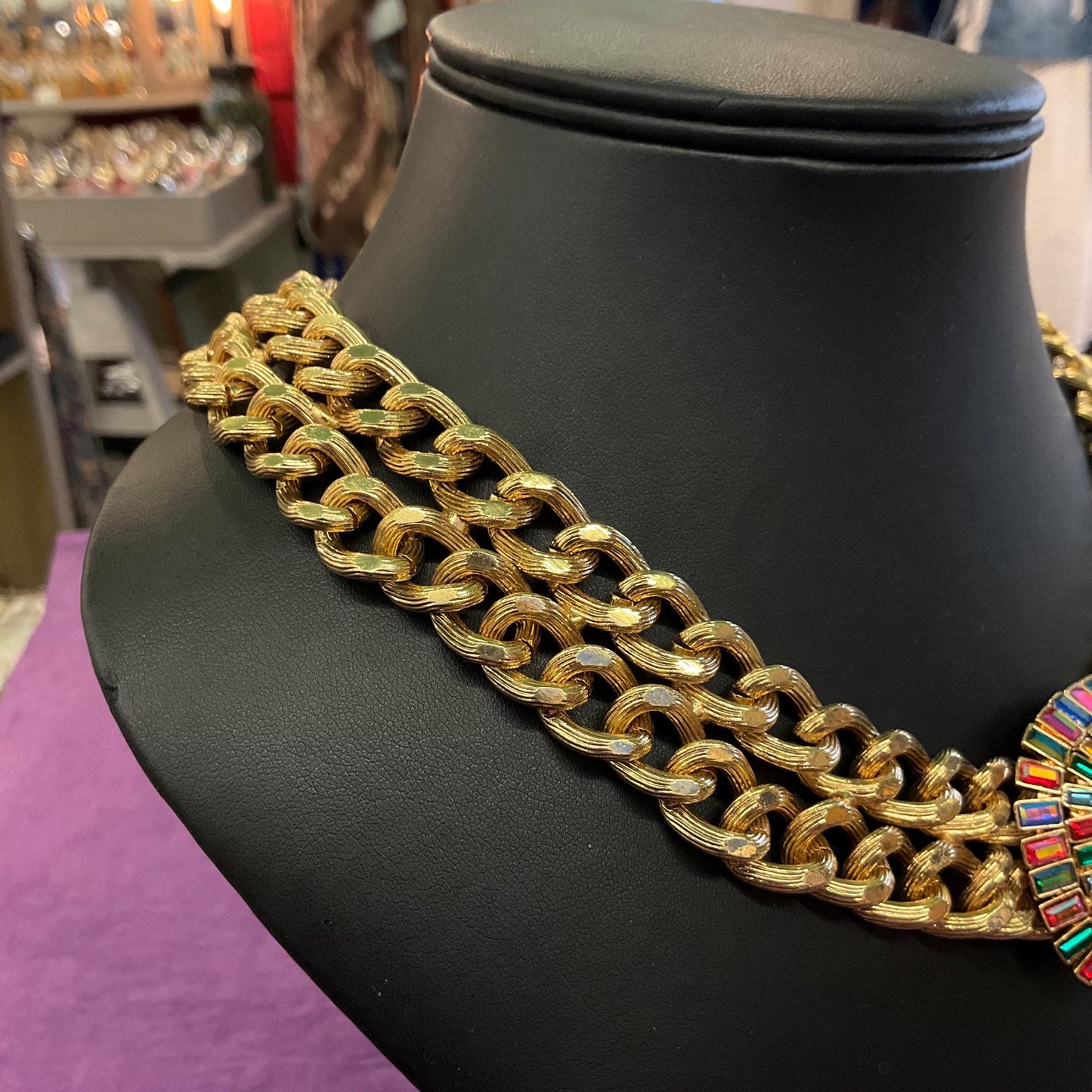 Vintage Butler and Wilson Egyptian Revival Style Statement Rainbow Crystal Necklace, Gold Tone link Chain with large Deep Turquoise Crystal
