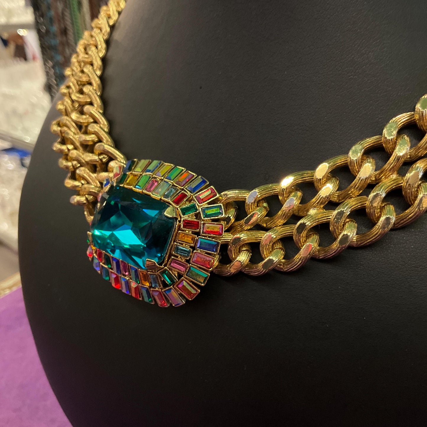 Vintage Butler and Wilson Egyptian Revival Style Statement Rainbow Crystal Necklace, Gold Tone link Chain with large Deep Turquoise Crystal