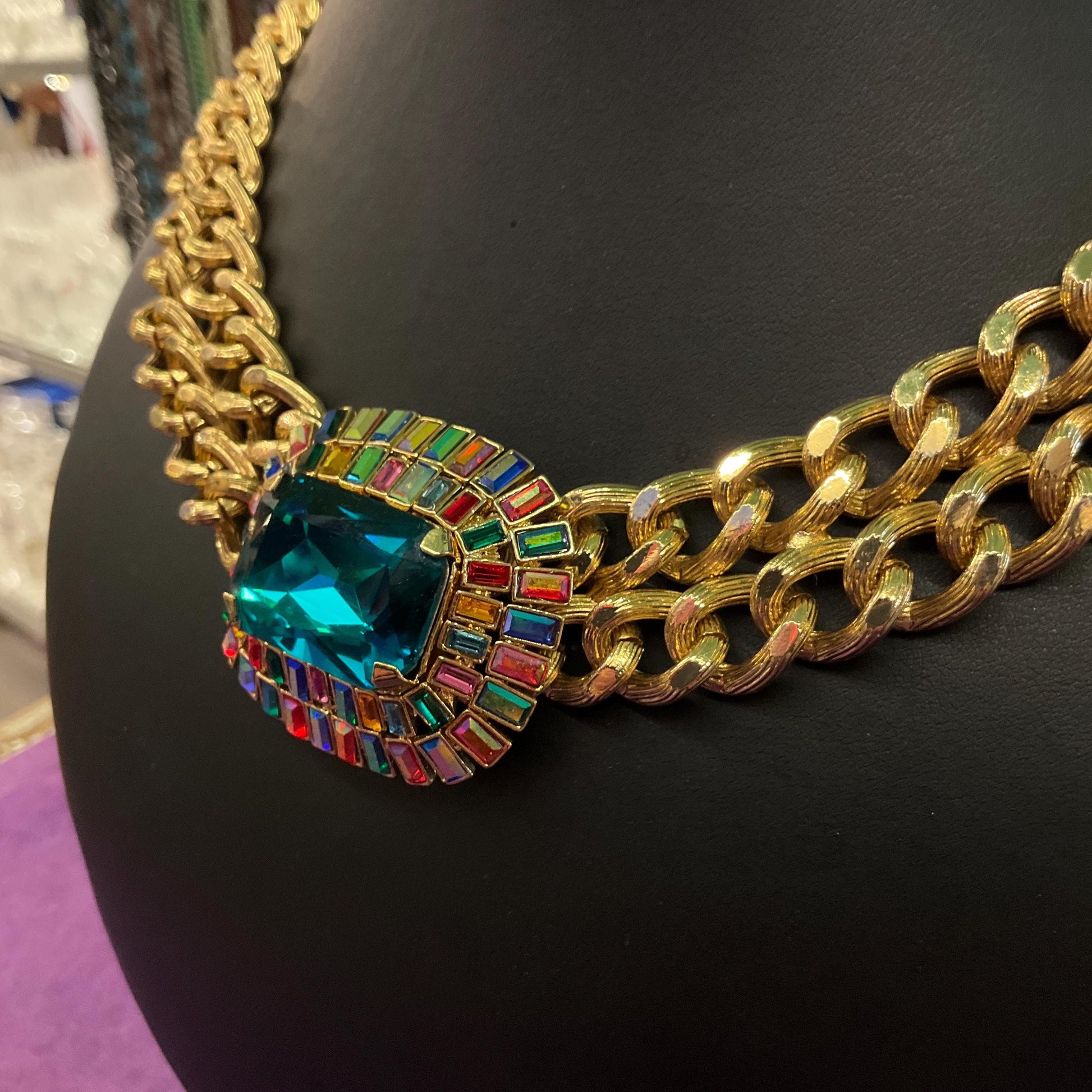 Vintage Butler and Wilson Egyptian Revival Style Statement Rainbow Crystal Necklace, Gold Tone link Chain with large Deep Turquoise Crystal
