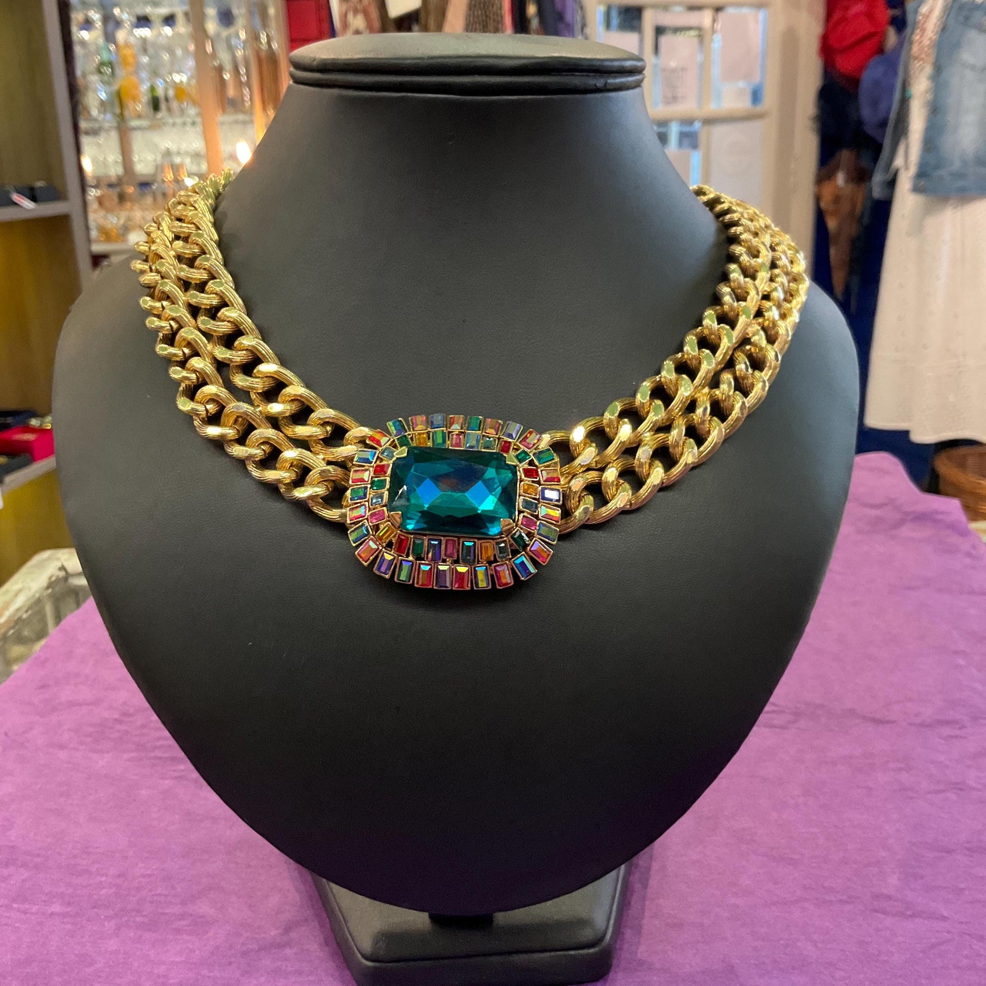 Vintage Butler and Wilson Egyptian Revival Style Statement Rainbow Crystal Necklace, Gold Tone link Chain with large Deep Turquoise Crystal