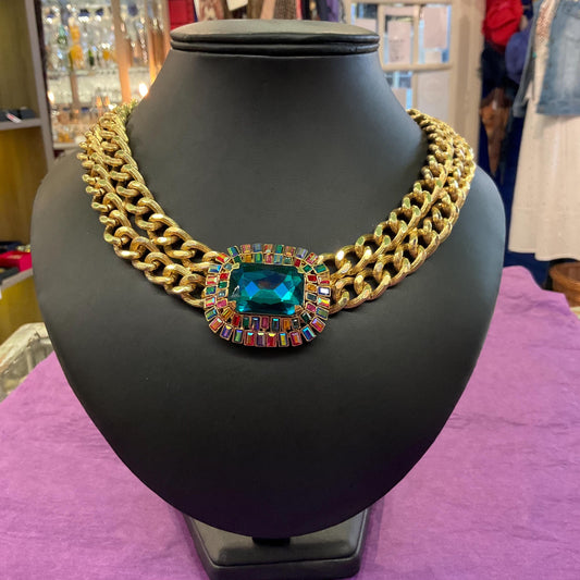 Vintage Butler and Wilson Egyptian Revival Style Statement Rainbow Crystal Necklace, Gold Tone link Chain with large Deep Turquoise Crystal