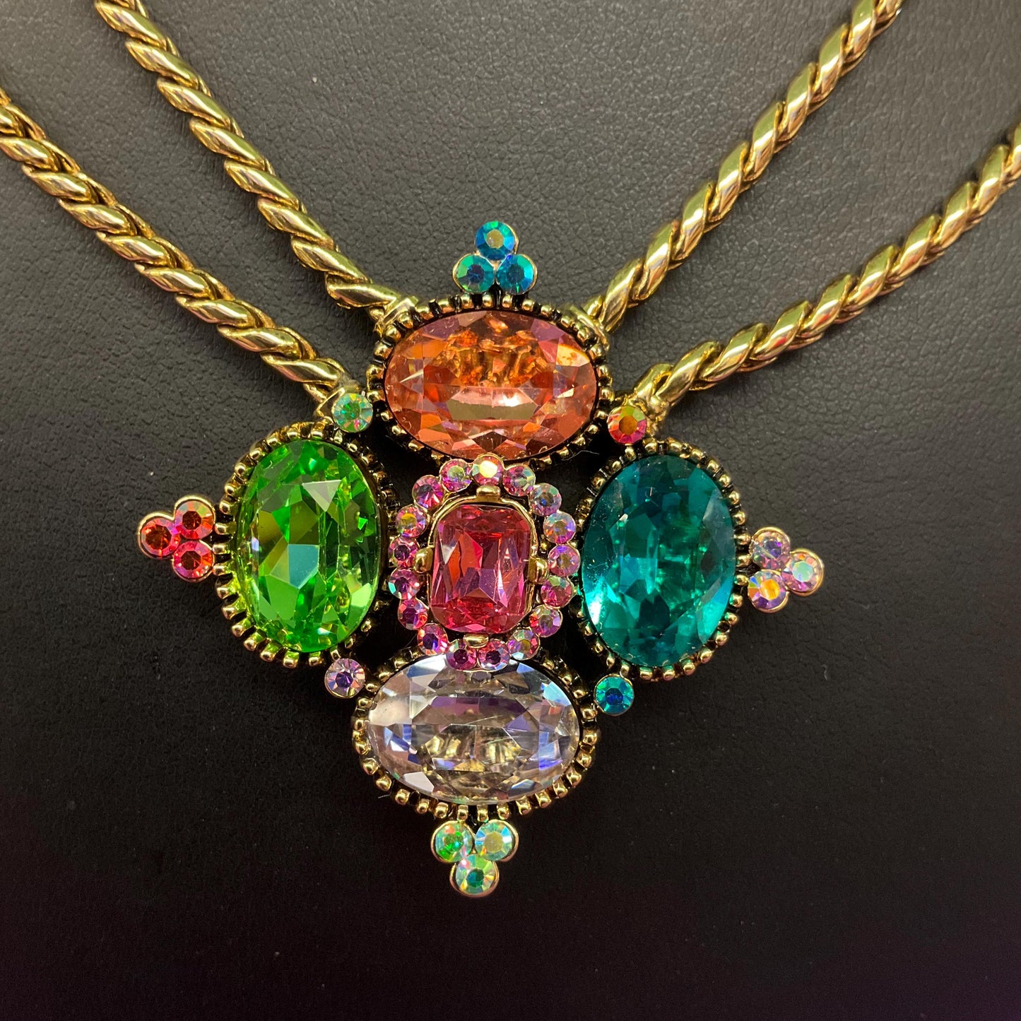 Vintage Butler and Wilson Rainbow Crystal Diamond Necklace , Gold tone with facted crystals and Aurora Borealis rhinestones