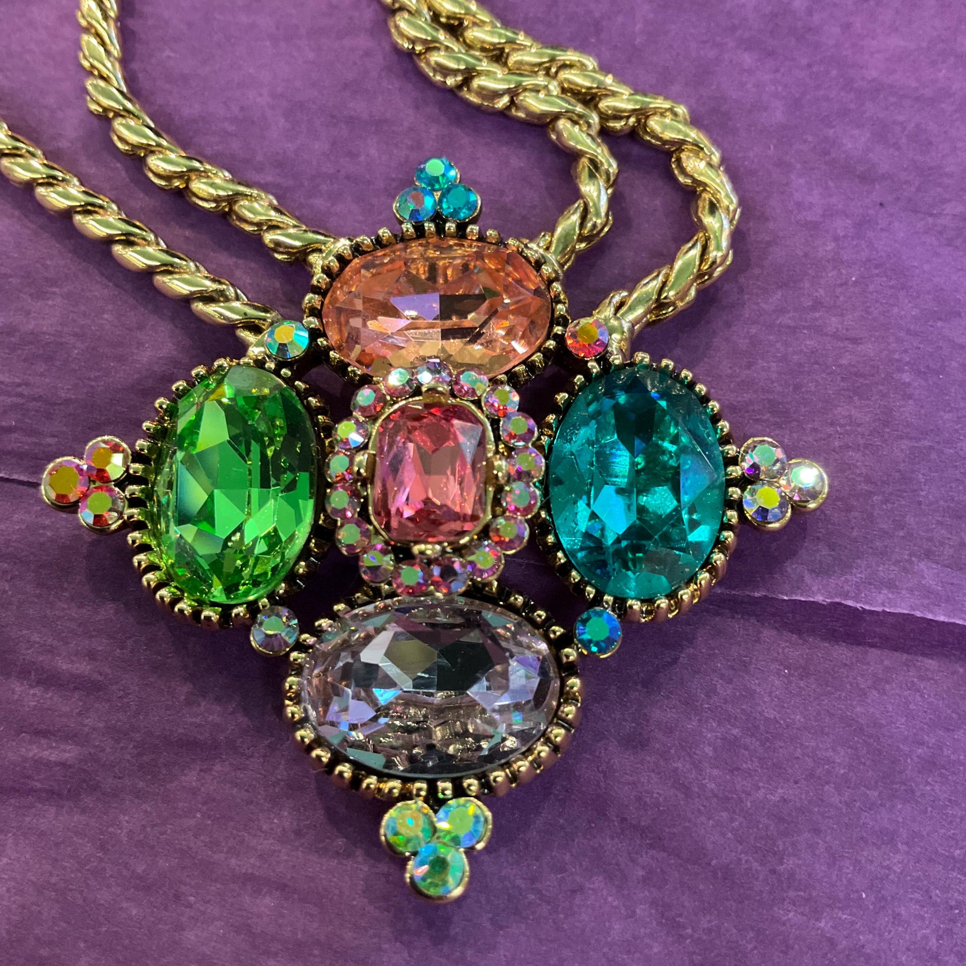 Vintage Butler and Wilson Rainbow Crystal Diamond Necklace , Gold tone with facted crystals and Aurora Borealis rhinestones