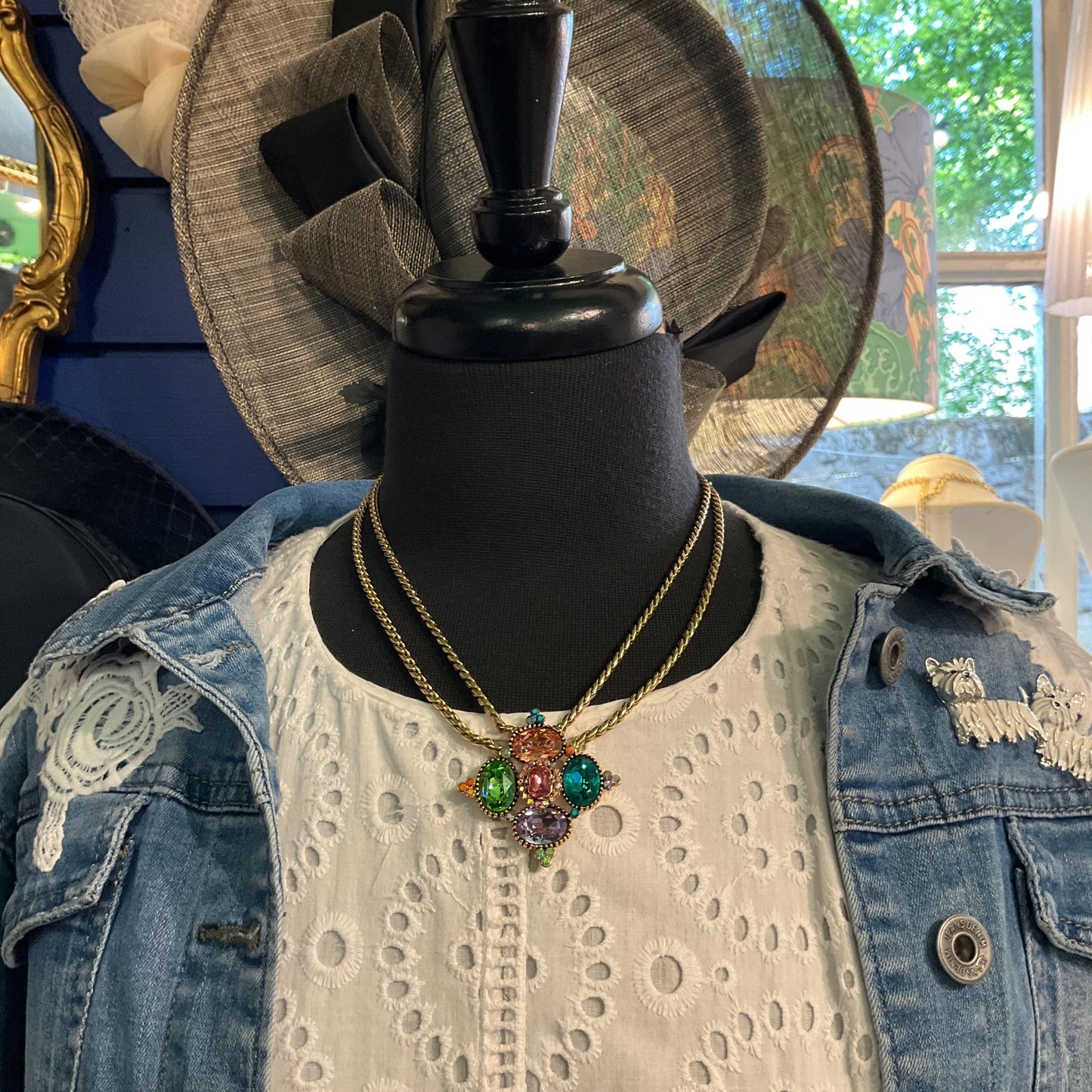 Vintage Butler and Wilson Rainbow Crystal Diamond Necklace , Gold tone with facted crystals and Aurora Borealis rhinestones