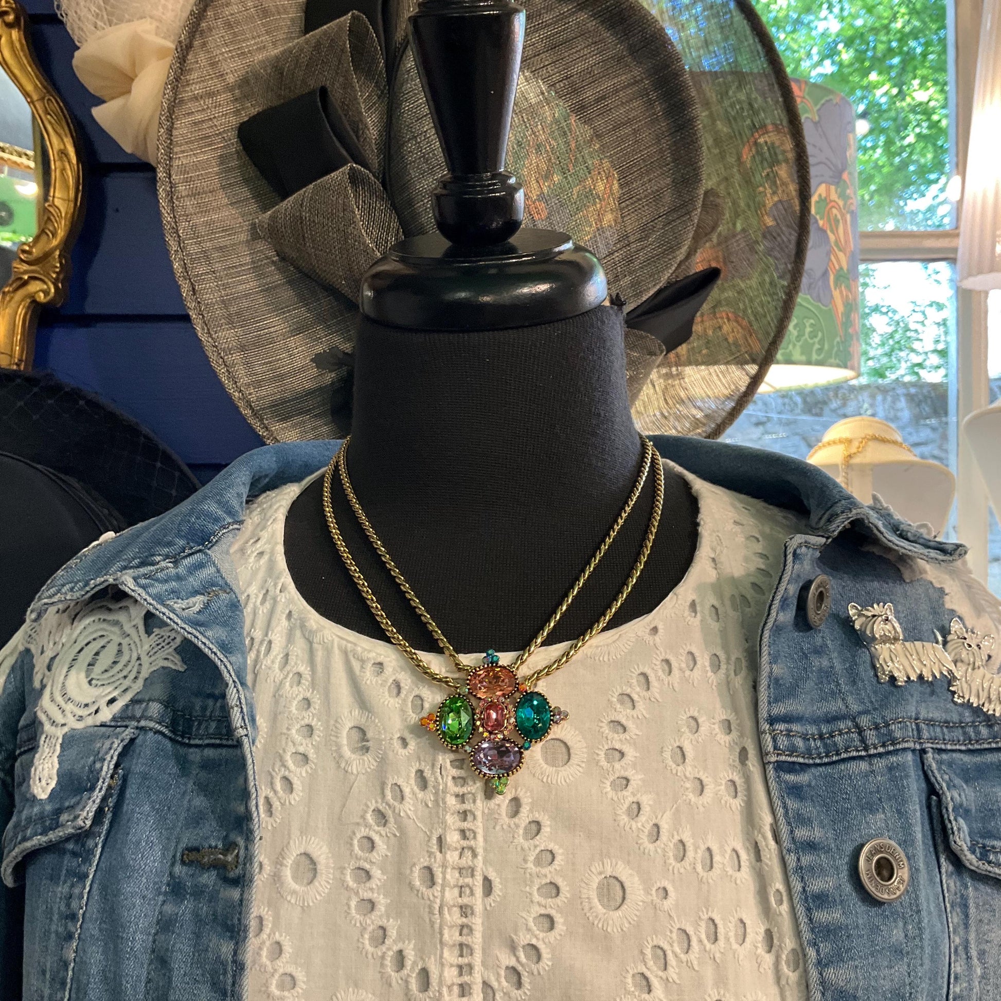 Vintage Butler and Wilson Rainbow Crystal Diamond Necklace , Gold tone with facted crystals and Aurora Borealis rhinestones