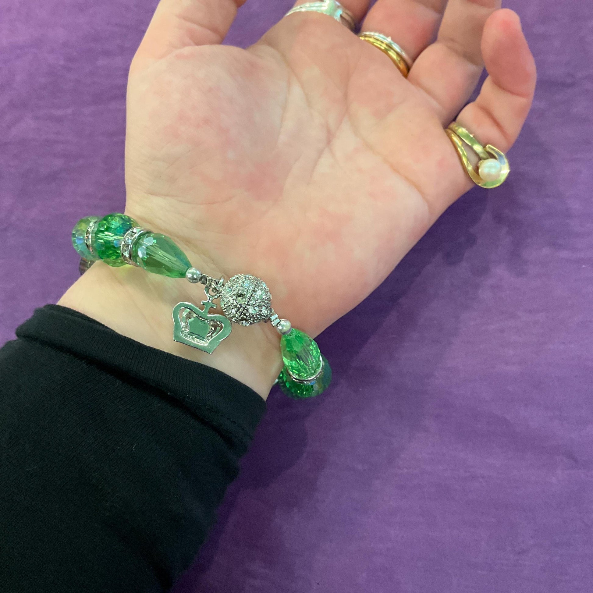 Vintage Butler and Wilson Green Crystal Bracelet, Borealis green crystal and silver rhinestones, as new in original box