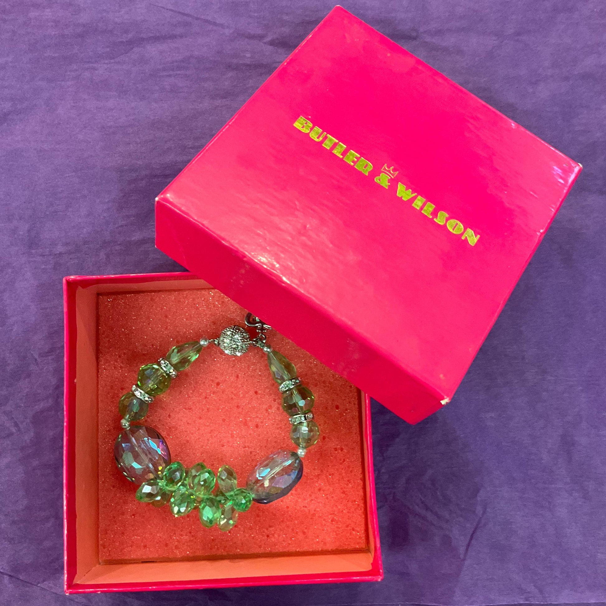 Vintage Butler and Wilson Green Crystal Bracelet, Borealis green crystal and silver rhinestones, as new in original box