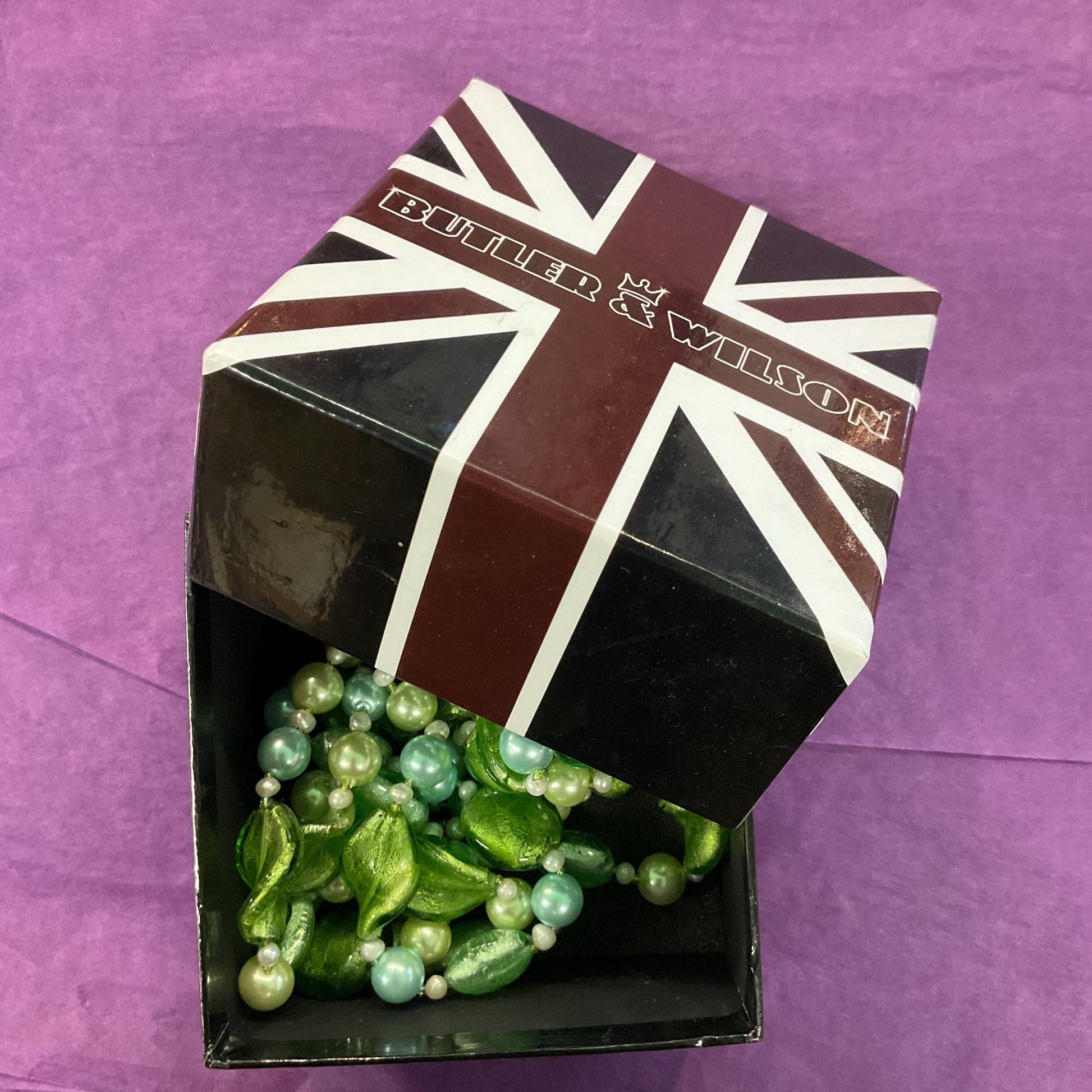 Vintage Butler and Wilson Green Triple Strand Statement Faux Pearl and Foiled Glass Beaded Necklace, as new in original box.