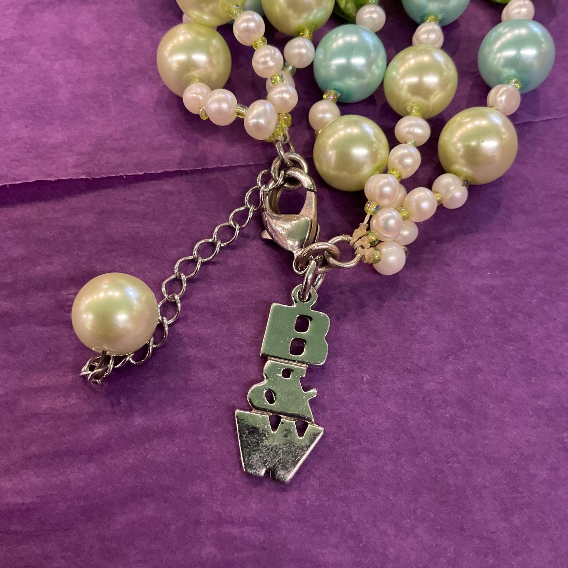 Vintage Butler and Wilson Green Triple Strand Statement Faux Pearl and Foiled Glass Beaded Necklace, as new in original box.