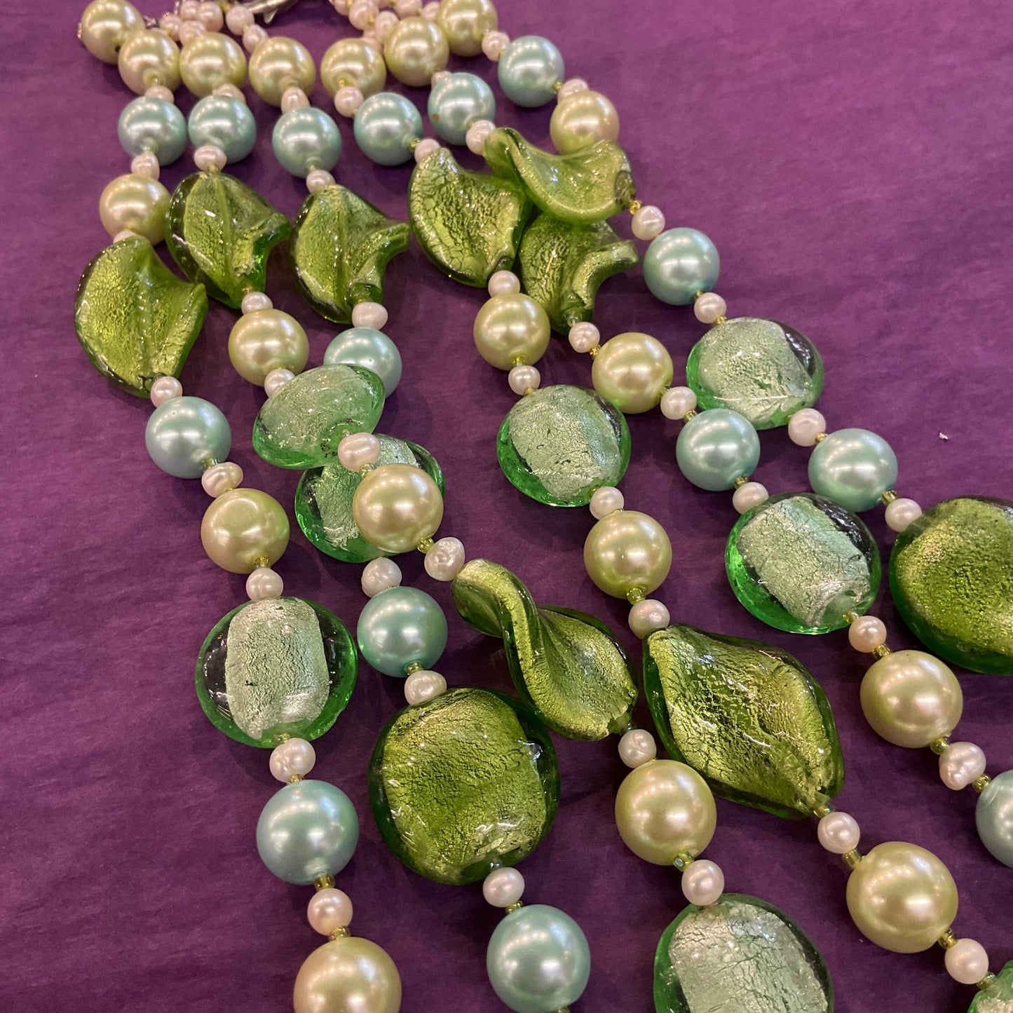 Vintage Butler and Wilson Green Triple Strand Statement Faux Pearl and Foiled Glass Beaded Necklace, as new in original box.