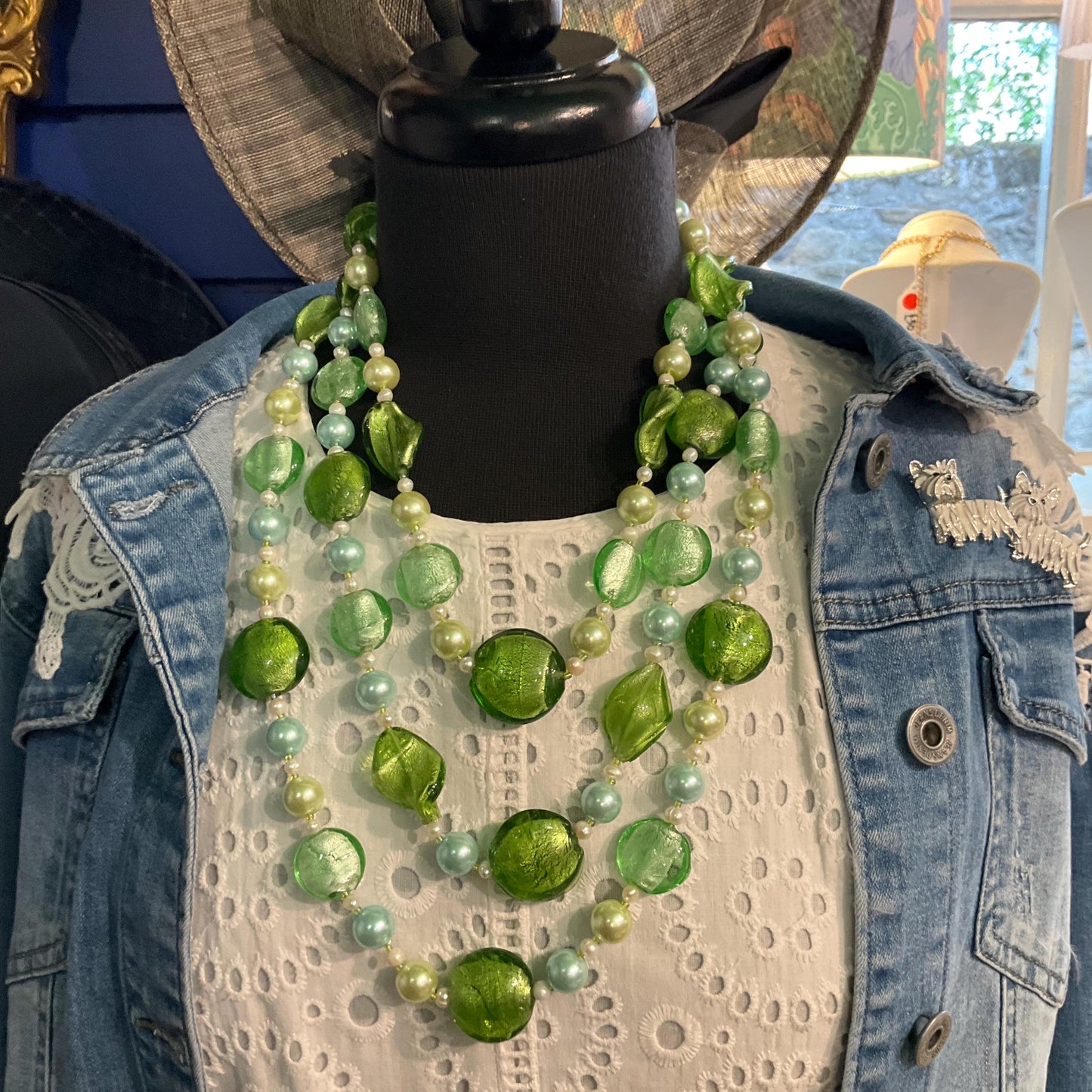 Vintage Butler and Wilson Green Triple Strand Statement Faux Pearl and Foiled Glass Beaded Necklace, as new in original box.