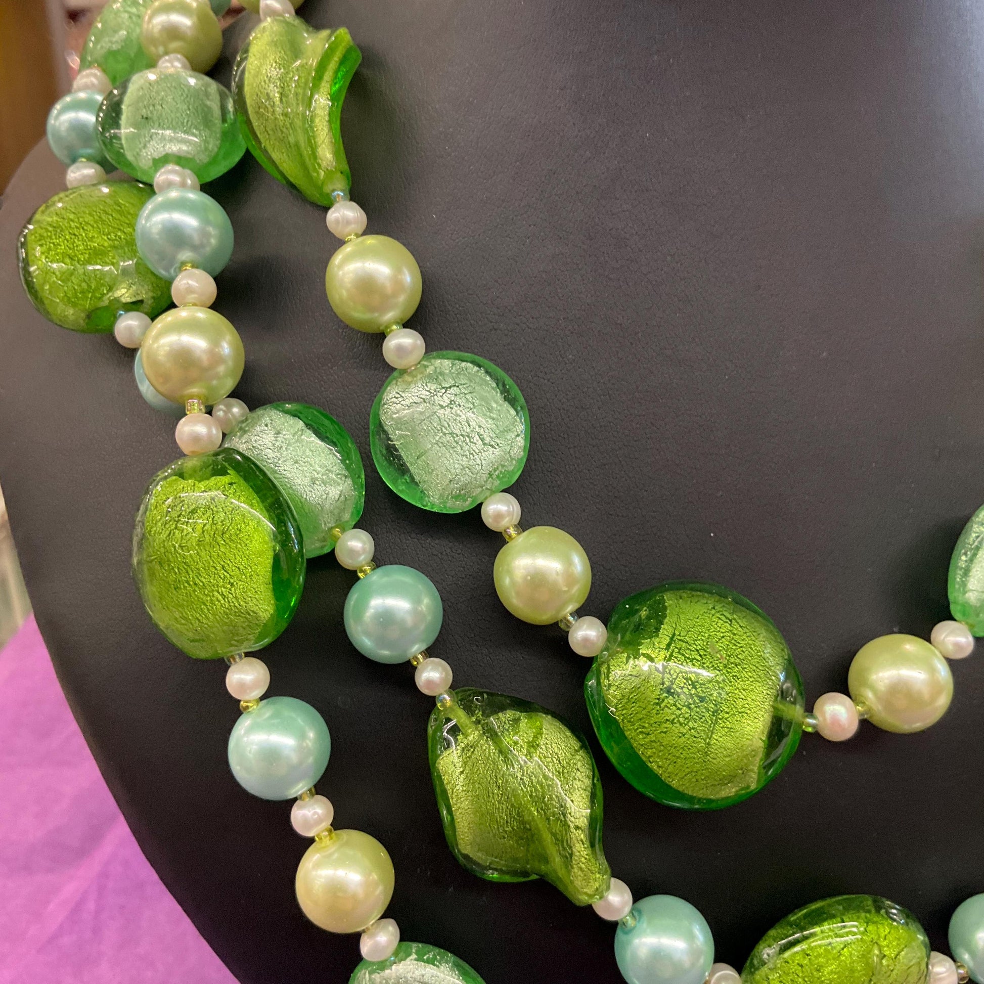Vintage Butler and Wilson Green Triple Strand Statement Faux Pearl and Foiled Glass Beaded Necklace, as new in original box.