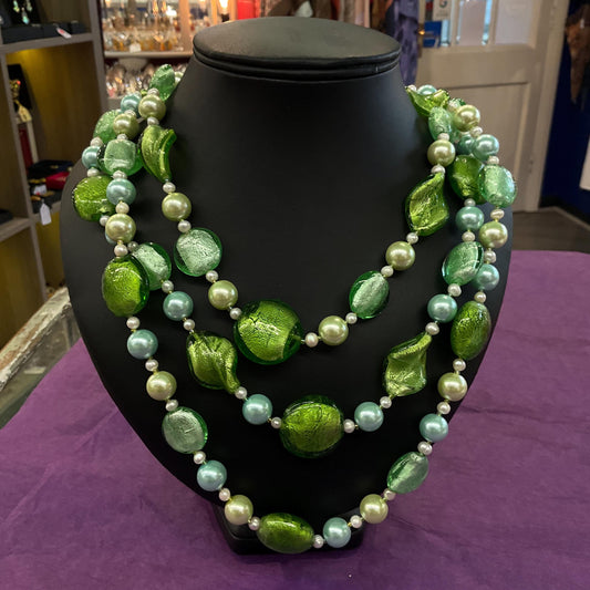 Vintage Butler and Wilson Green Triple Strand Statement Faux Pearl and Foiled Glass Beaded Necklace, as new in original box.