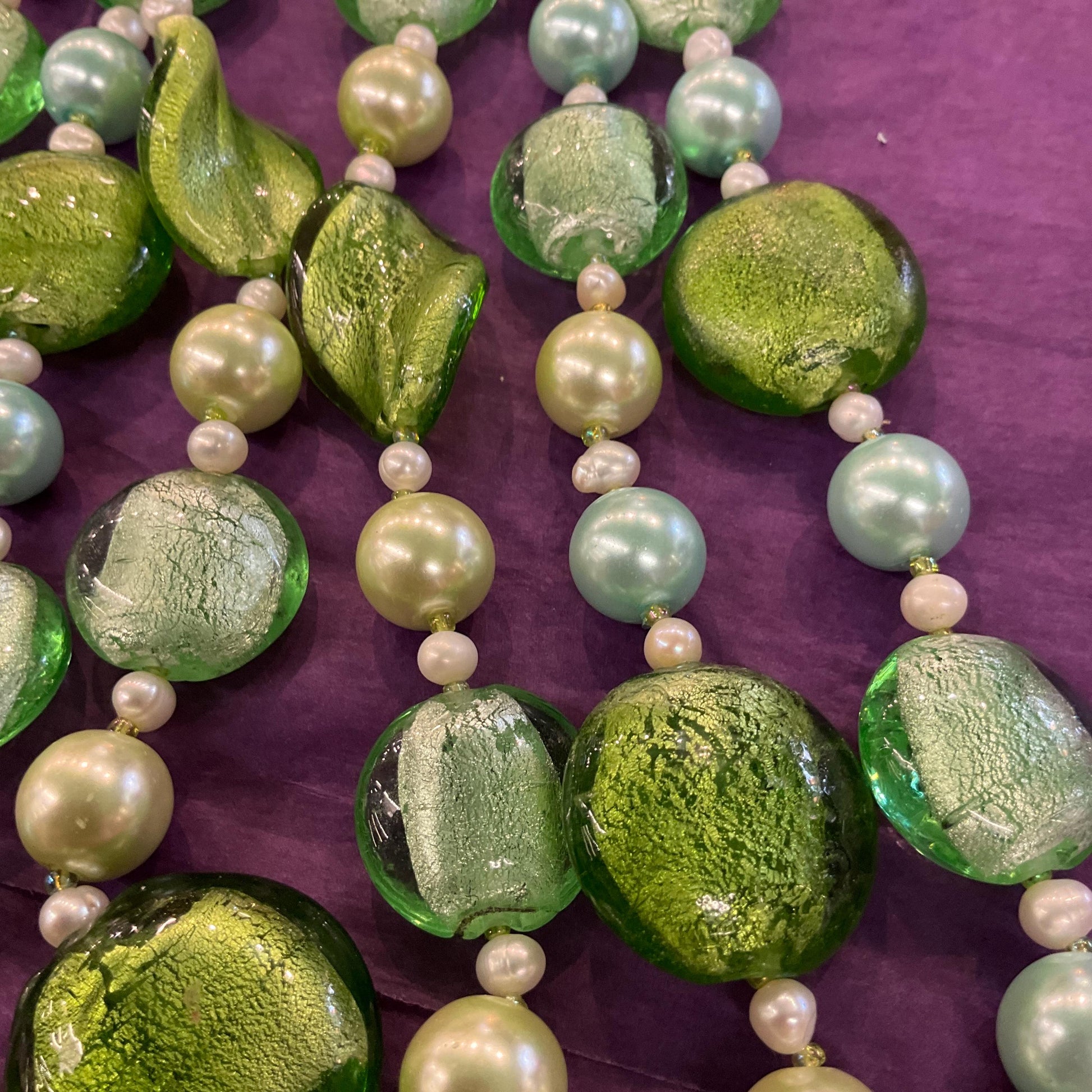 Vintage Butler and Wilson Green Triple Strand Statement Faux Pearl and Foiled Glass Beaded Necklace, as new in original box.