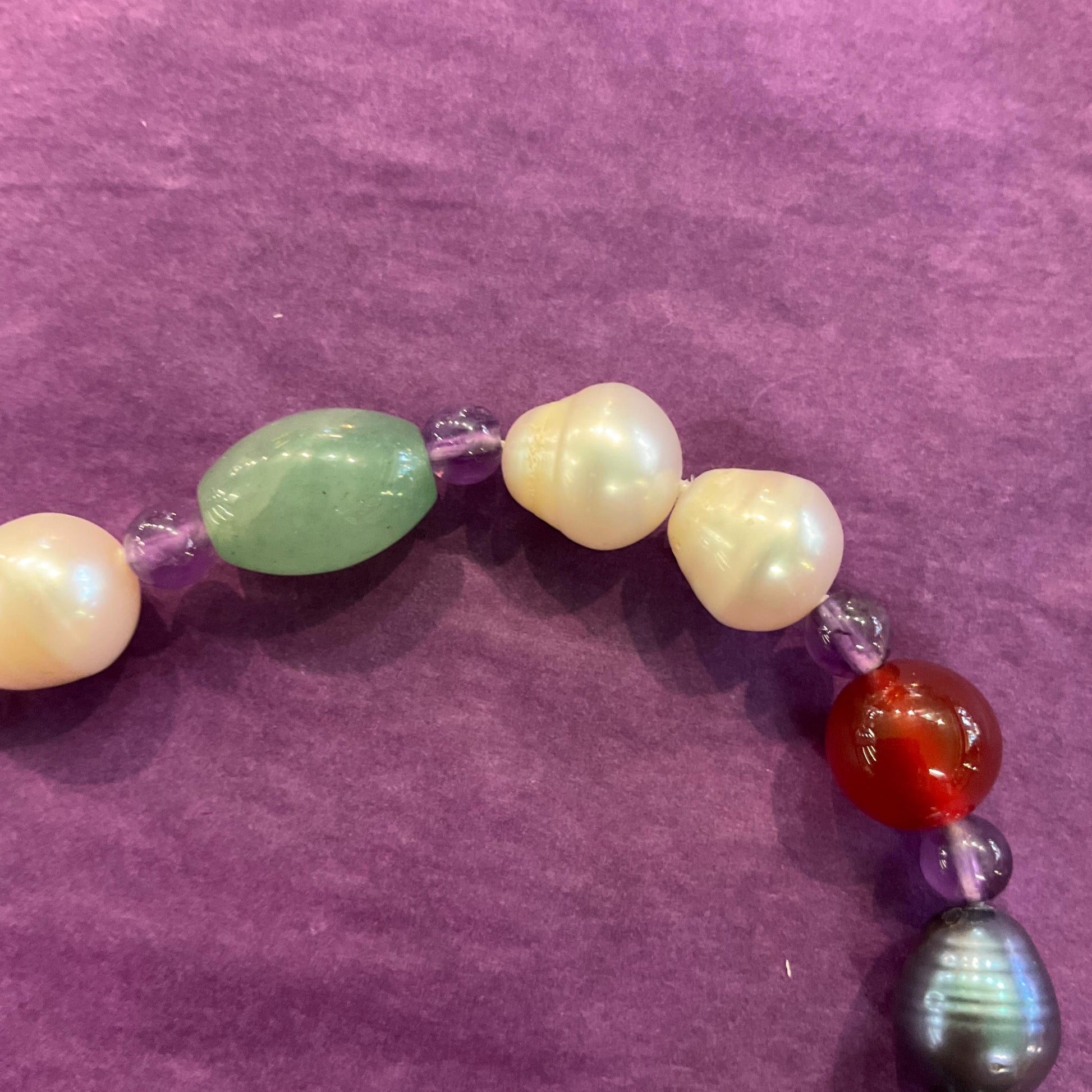 Vintage Flapper Length Fresh Water Pearl, Jade , Amethyst, Turquoise and Carnelian Beaded Gemstone Necklace