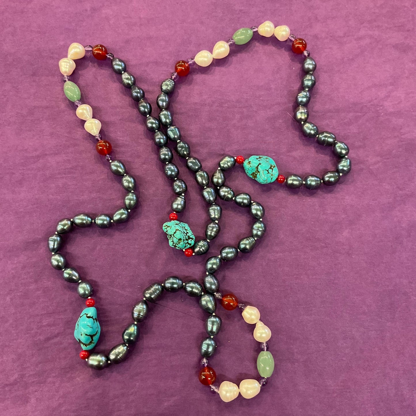 Vintage Flapper Length Fresh Water Pearl, Jade , Amethyst, Turquoise and Carnelian Beaded Gemstone Necklace