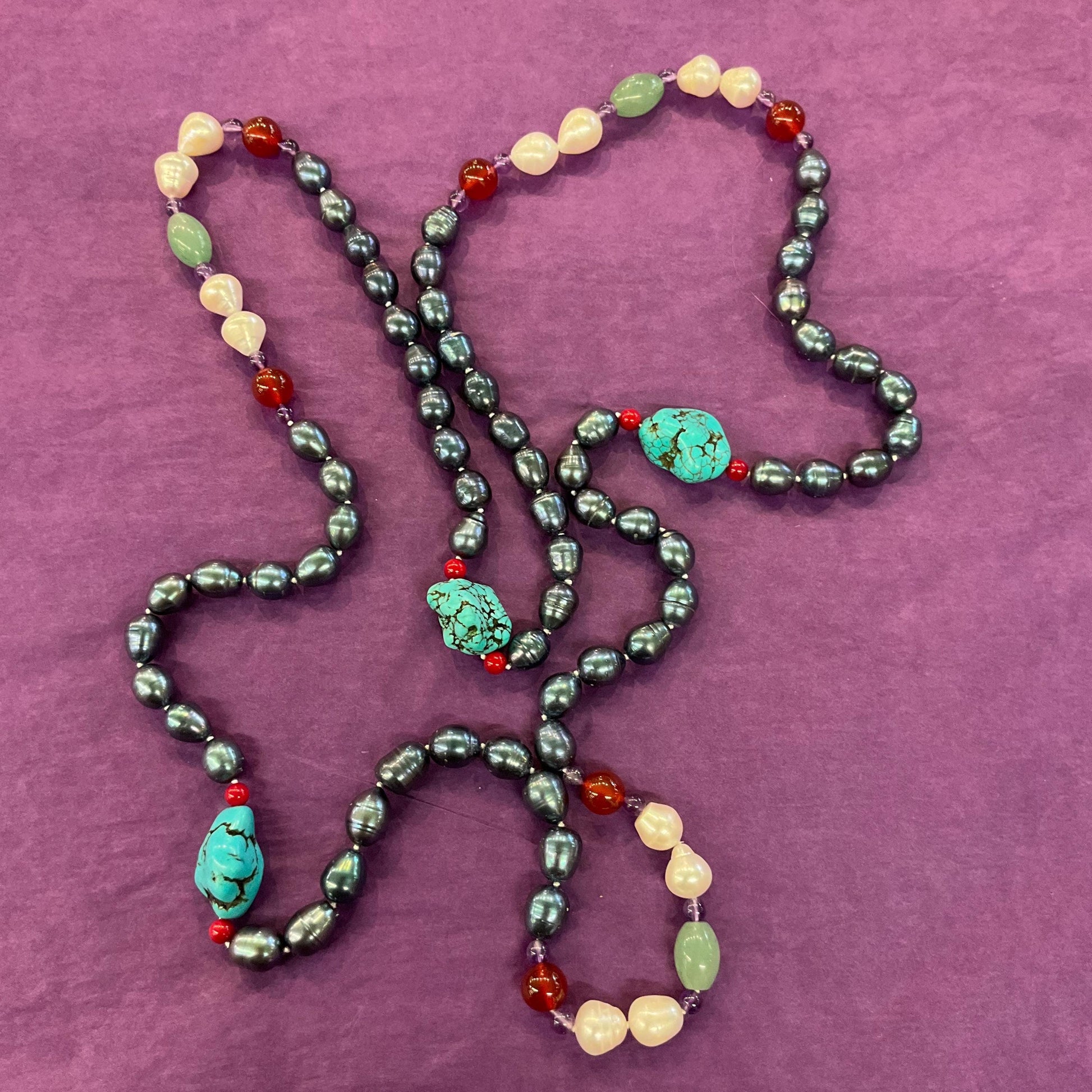 Vintage Flapper Length Fresh Water Pearl, Jade , Amethyst, Turquoise and Carnelian Beaded Gemstone Necklace