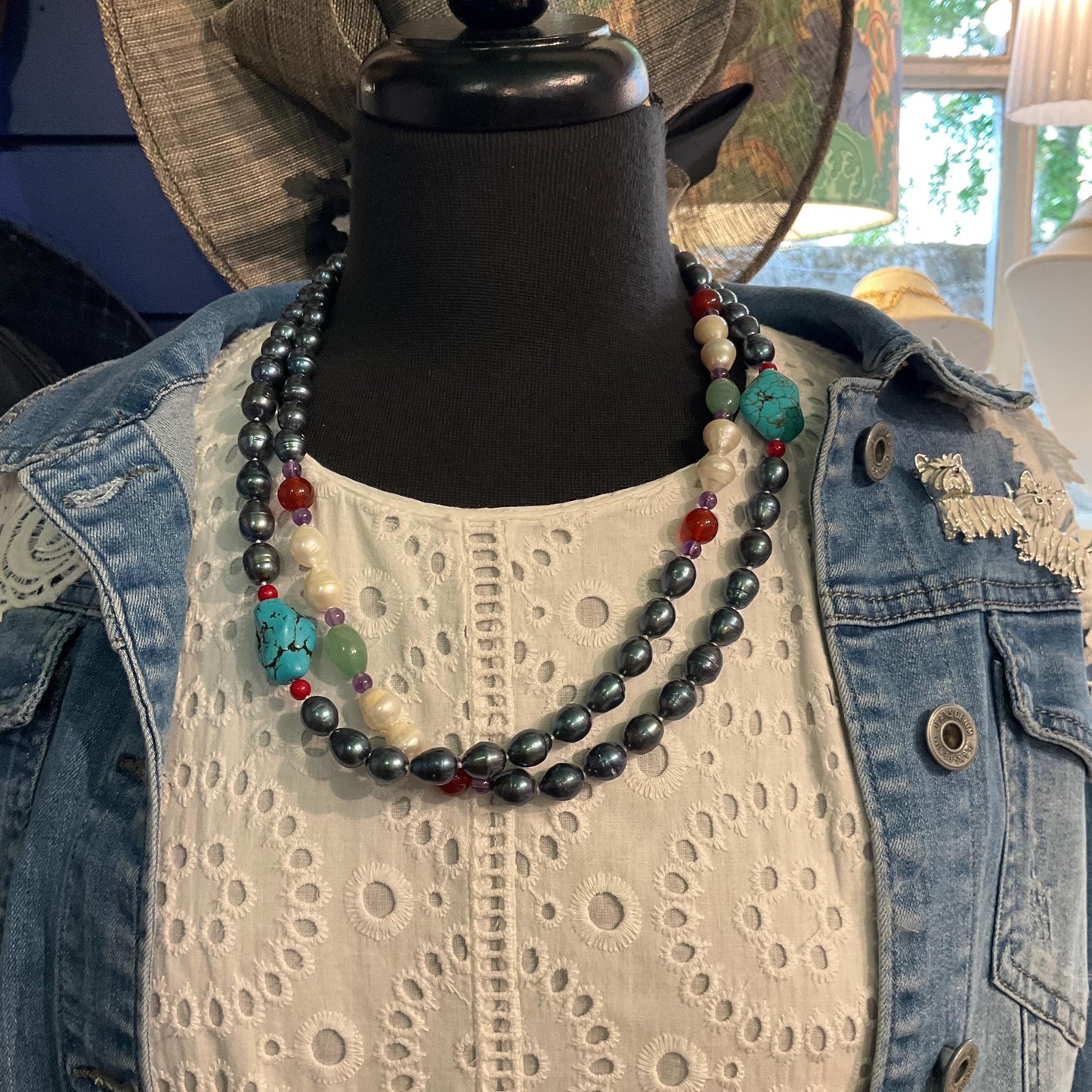 Vintage Flapper Length Fresh Water Pearl, Jade , Amethyst, Turquoise and Carnelian Beaded Gemstone Necklace