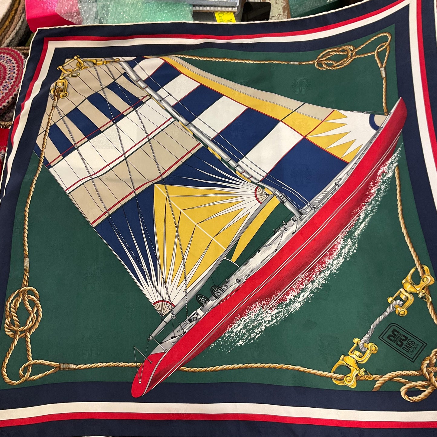 Vintage DAKS Signature Large Pure Silk Nautical Scarf in shades of Red, Green, Blue, Yellow, and Cream