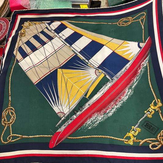 Vintage DAKS Signature Large Pure Silk Nautical Scarf in shades of Red, Green, Blue, Yellow, and Cream
