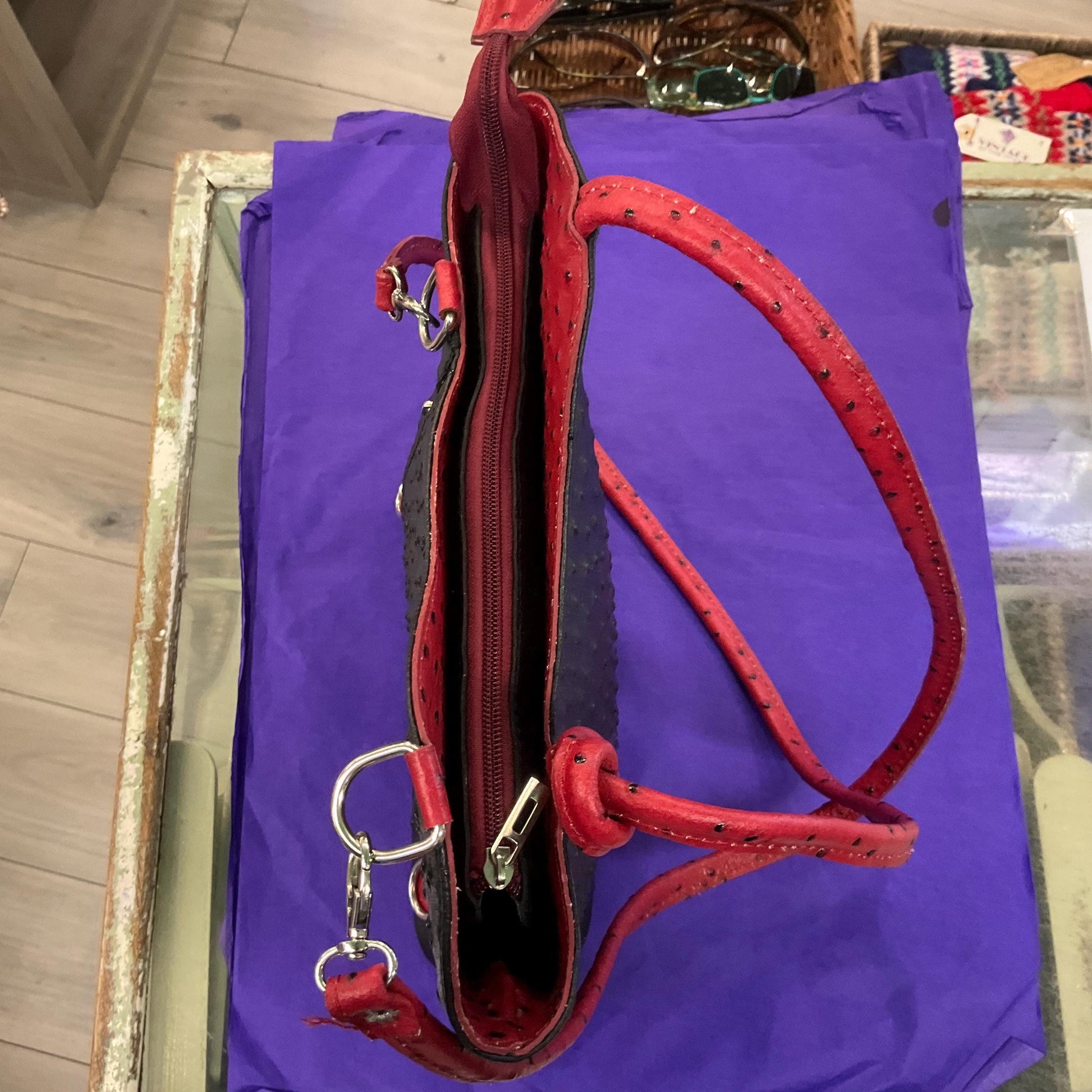 Vintage Italian Large Red and Black Leather Convertble Shoulder Bag or Backpack, Faux Ostrich Embossed Leather