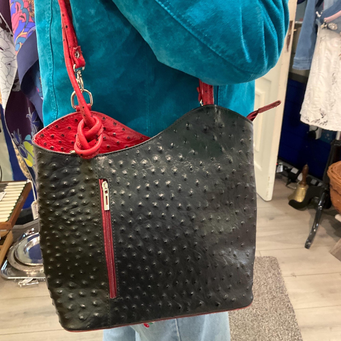 Vintage Italian Large Red and Black Leather Convertble Shoulder Bag or Backpack, Faux Ostrich Embossed Leather