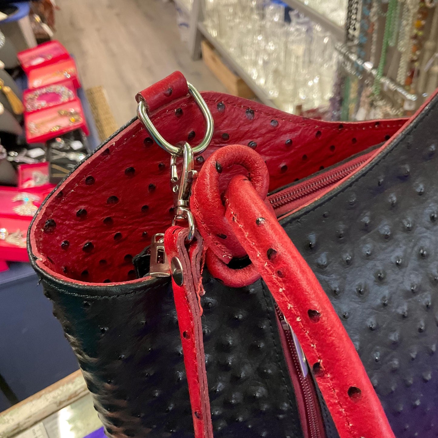 Vintage Italian Large Red and Black Leather Convertble Shoulder Bag or Backpack, Faux Ostrich Embossed Leather