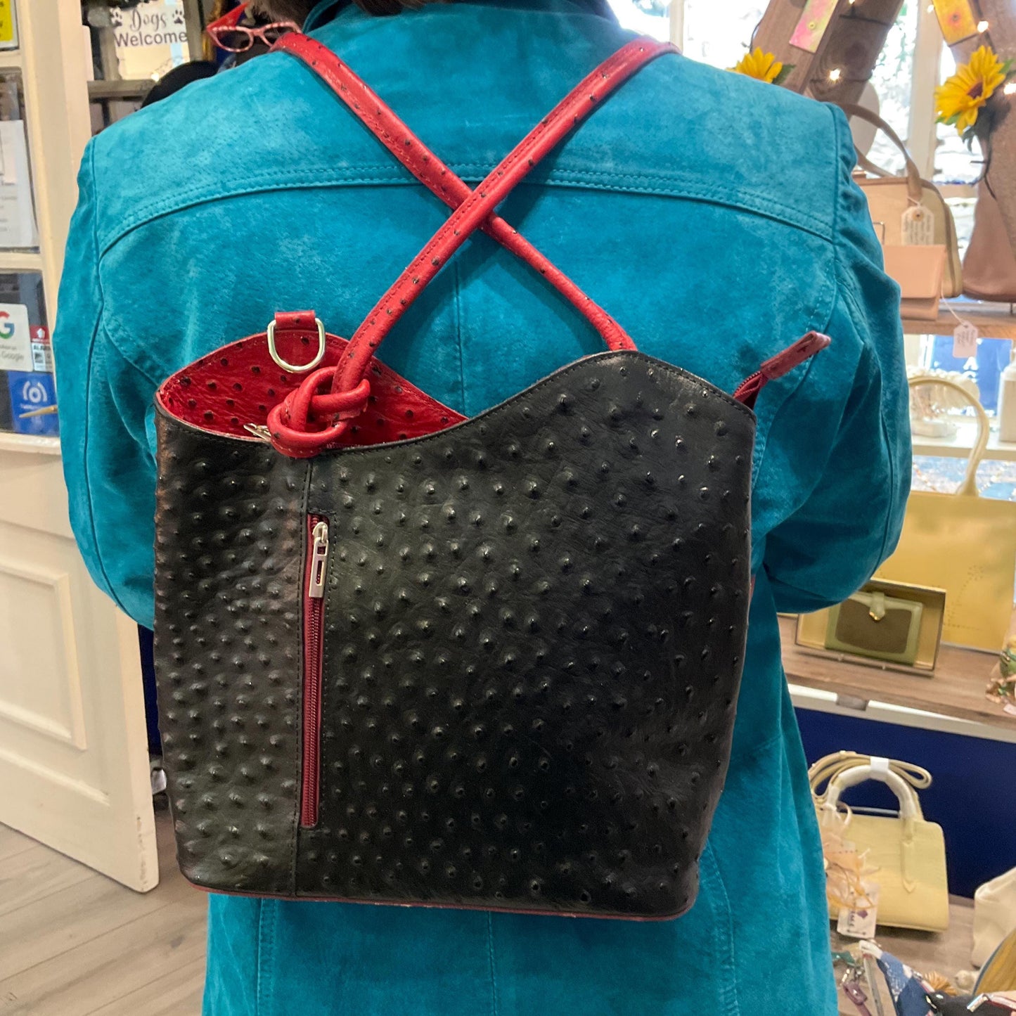 Vintage Italian Large Red and Black Leather Convertble Shoulder Bag or Backpack, Faux Ostrich Embossed Leather