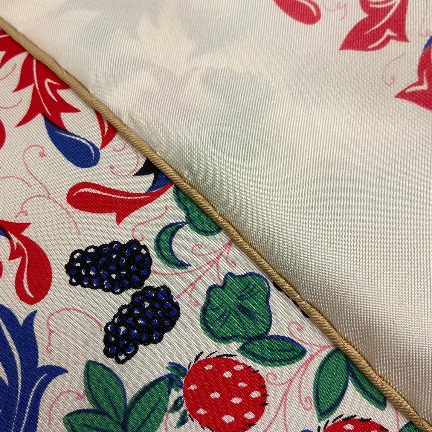 Vintage BECKFORD SILK Handprinted Large Heraldic Silk Scarf, Shades of Red, blue, gold and green onto a rich cream background
