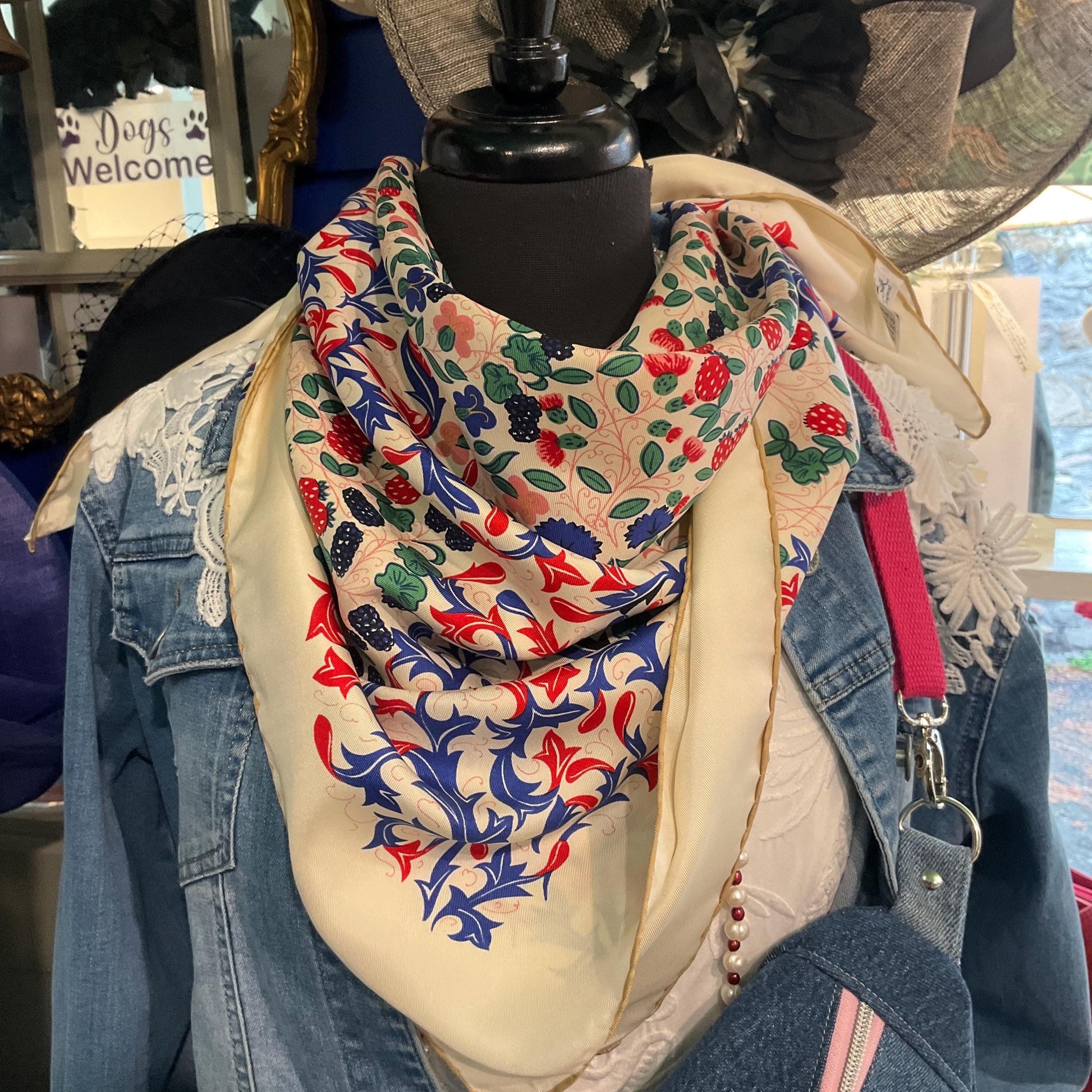 Vintage BECKFORD SILK Handprinted Large Heraldic Silk Scarf, Shades of Red, blue, gold and green onto a rich cream background