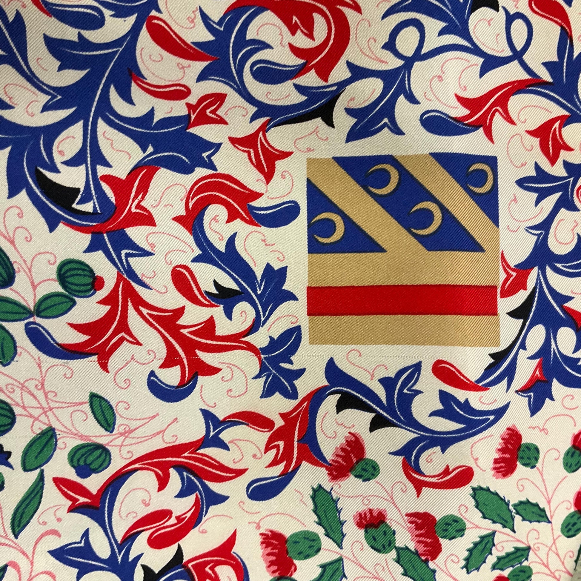 Vintage BECKFORD SILK Handprinted Large Heraldic Silk Scarf, Shades of Red, blue, gold and green onto a rich cream background