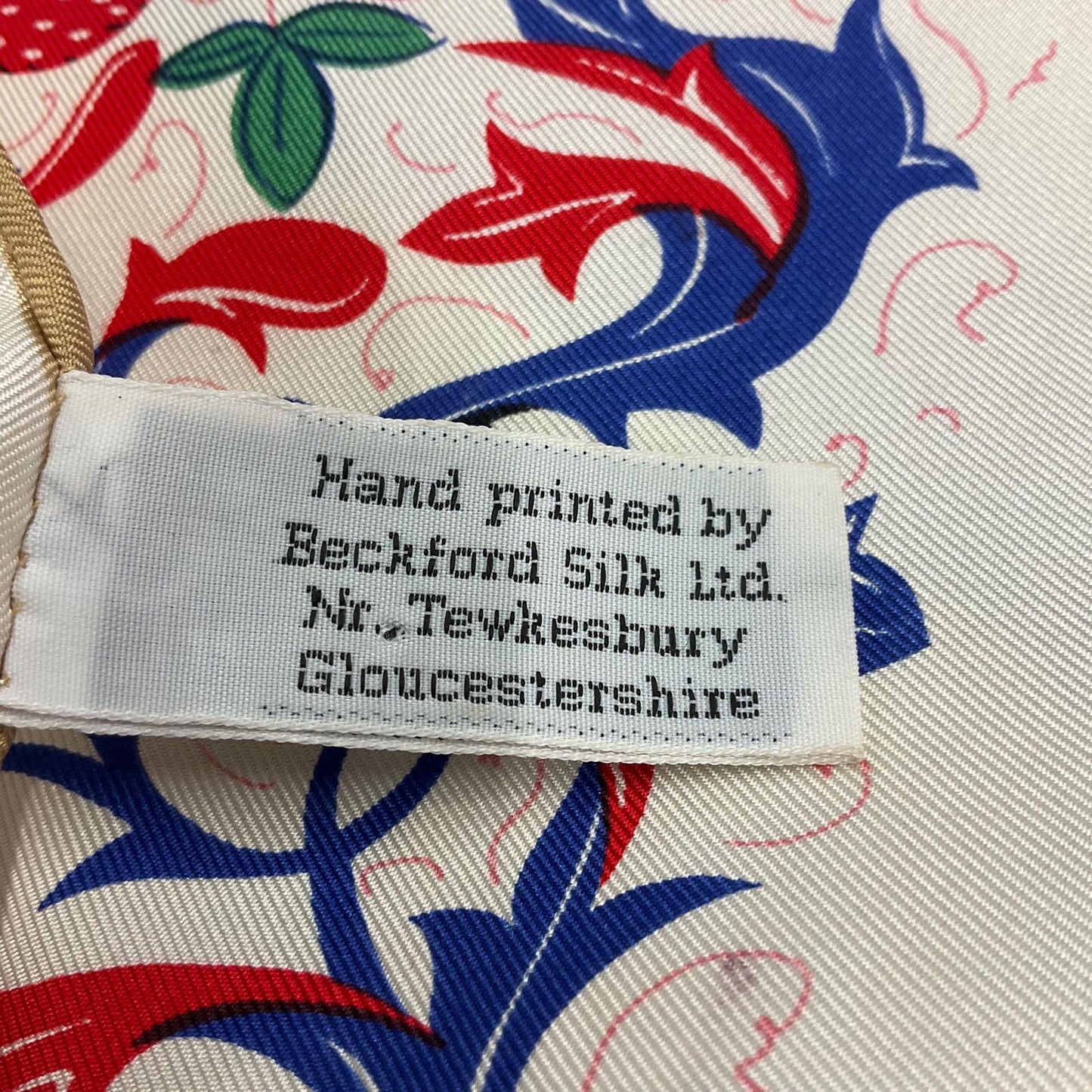Vintage BECKFORD SILK Handprinted Large Heraldic Silk Scarf, Shades of Red, blue, gold and green onto a rich cream background