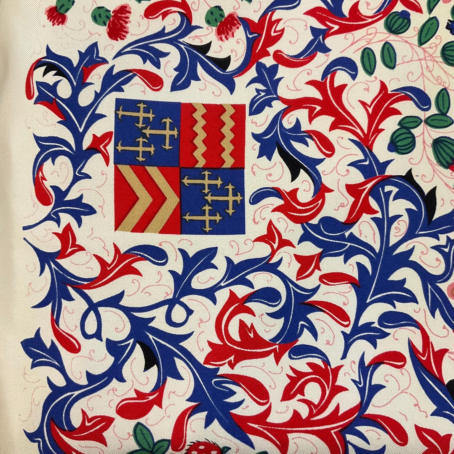 Vintage BECKFORD SILK Handprinted Large Heraldic Silk Scarf, Shades of Red, blue, gold and green onto a rich cream background