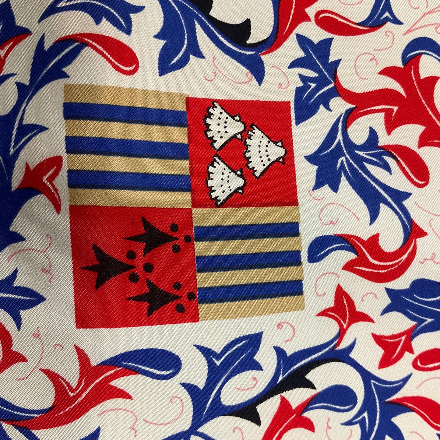 Vintage BECKFORD SILK Handprinted Large Heraldic Silk Scarf, Shades of Red, blue, gold and green onto a rich cream background