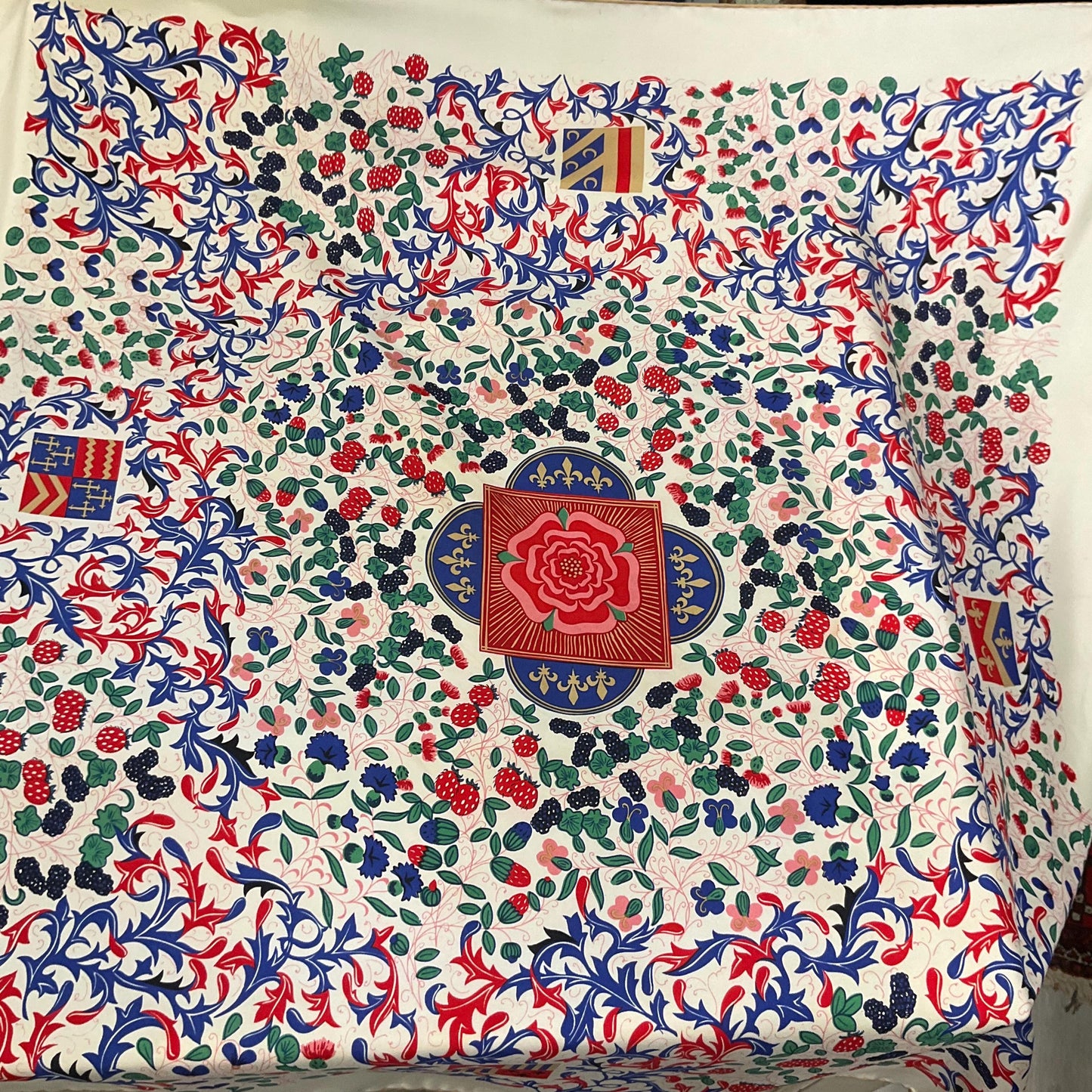 Vintage BECKFORD SILK Handprinted Large Heraldic Silk Scarf, Shades of Red, blue, gold and green onto a rich cream background