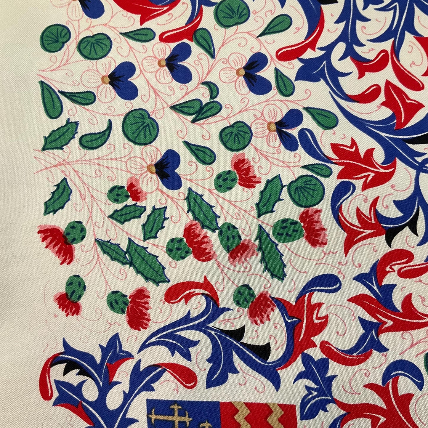 Vintage BECKFORD SILK Handprinted Large Heraldic Silk Scarf, Shades of Red, blue, gold and green onto a rich cream background